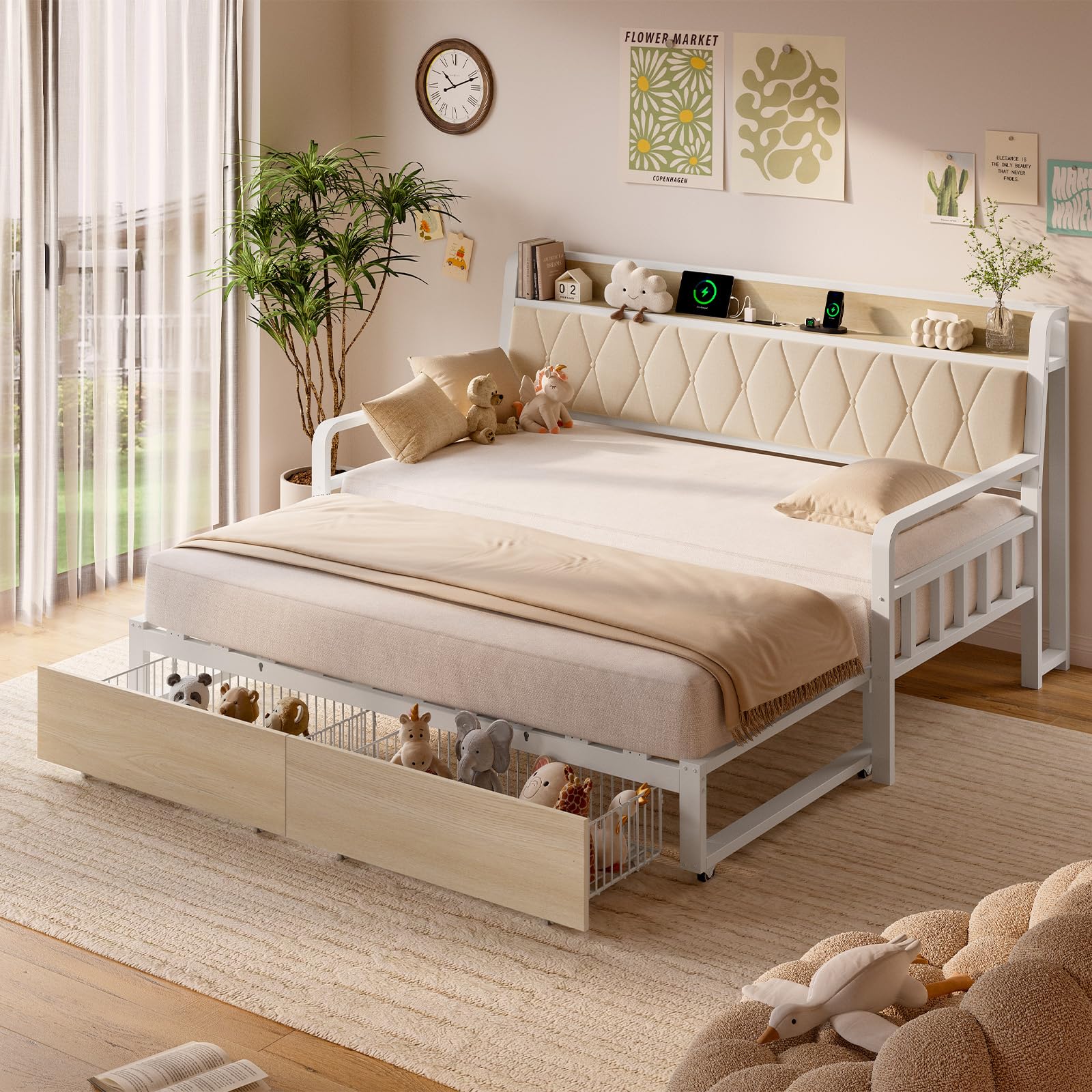 ONBRILL Twin Daybed with Trundle, Twin to King Daybed with Pop up Trundle, Metal Twin Day Bed Frame with Storage Drawers, Upholstered Headboard & Power Outlet for Living Room & Guest Room, White