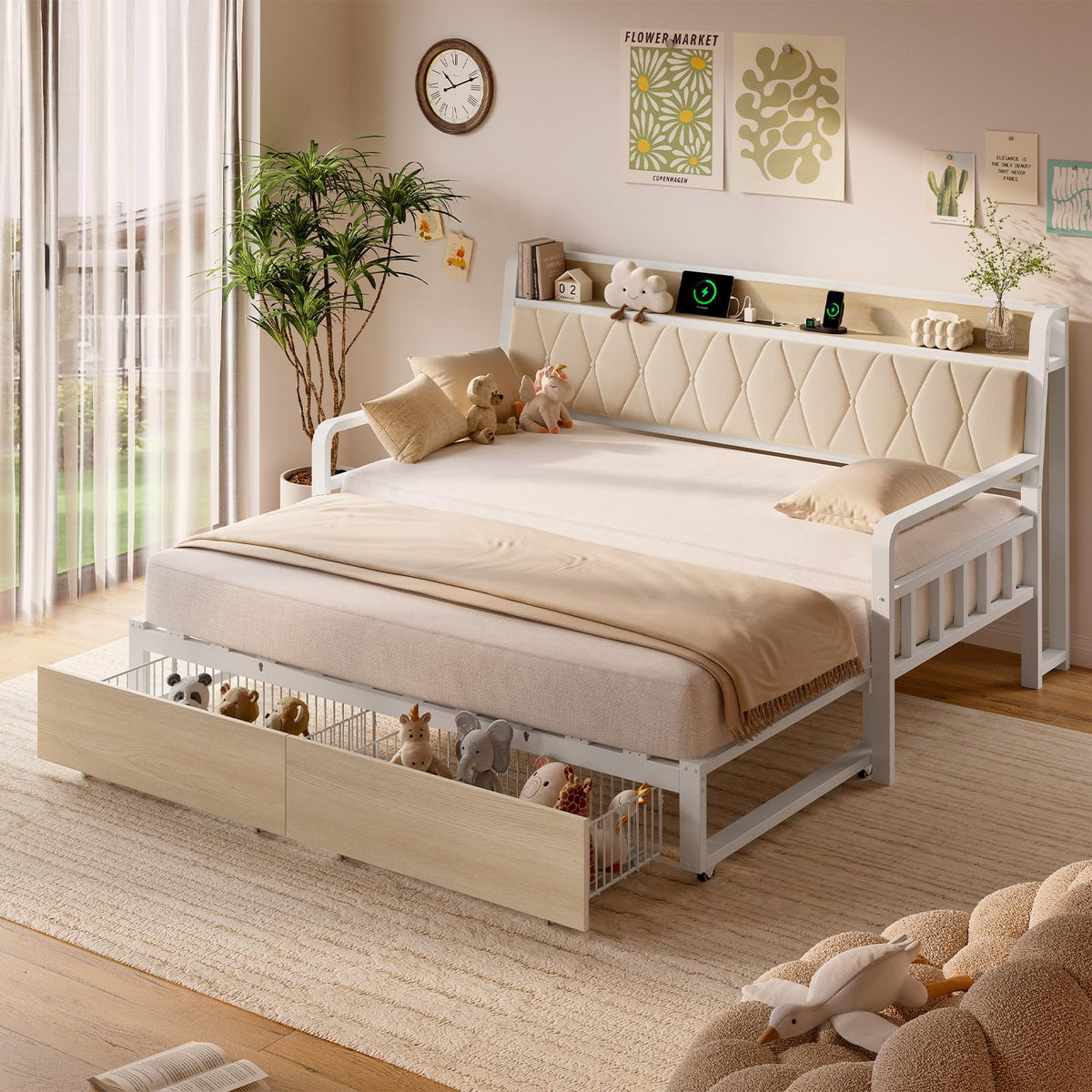 ONBRILL Twin Daybed with Pop up Trundle, Twin to King Daybed, White