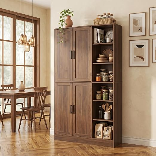 63" Tall Kitchen Pantry Cabinet with 4 Doors & Adjustable Shelves