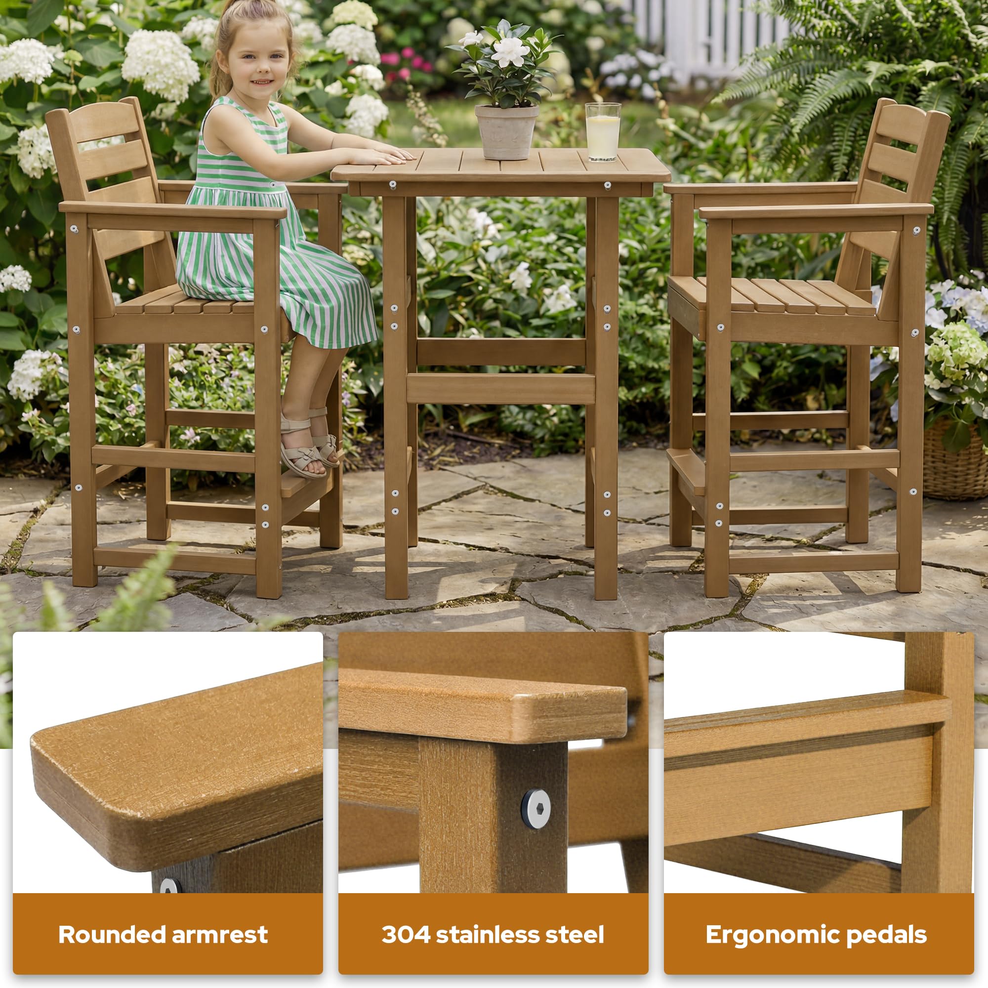 3-Piece Outdoor HDPE Patio Bar Set with 2 Chairs and Table