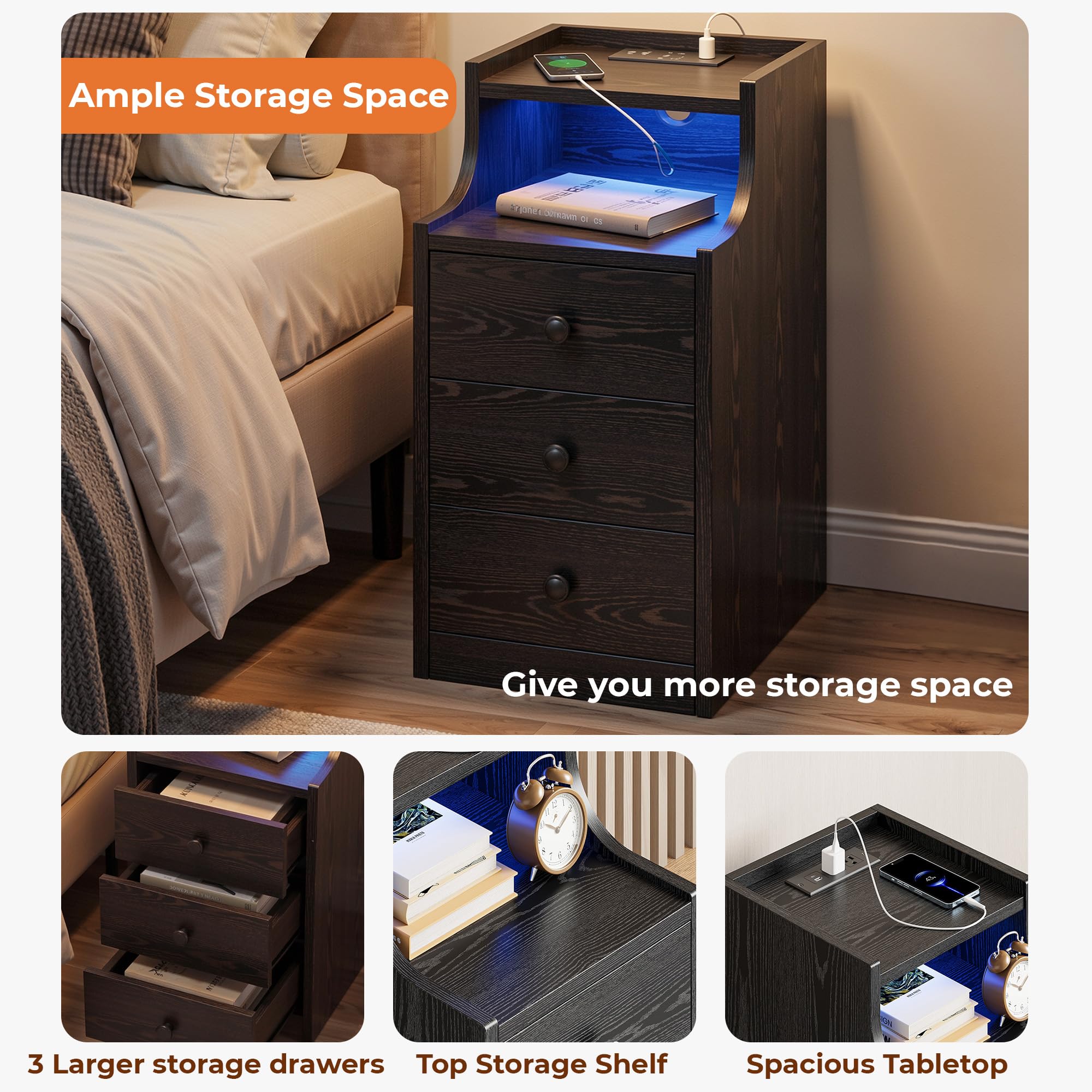Nightstand with Charging Station, RGB LED Lights & 3 Drawers