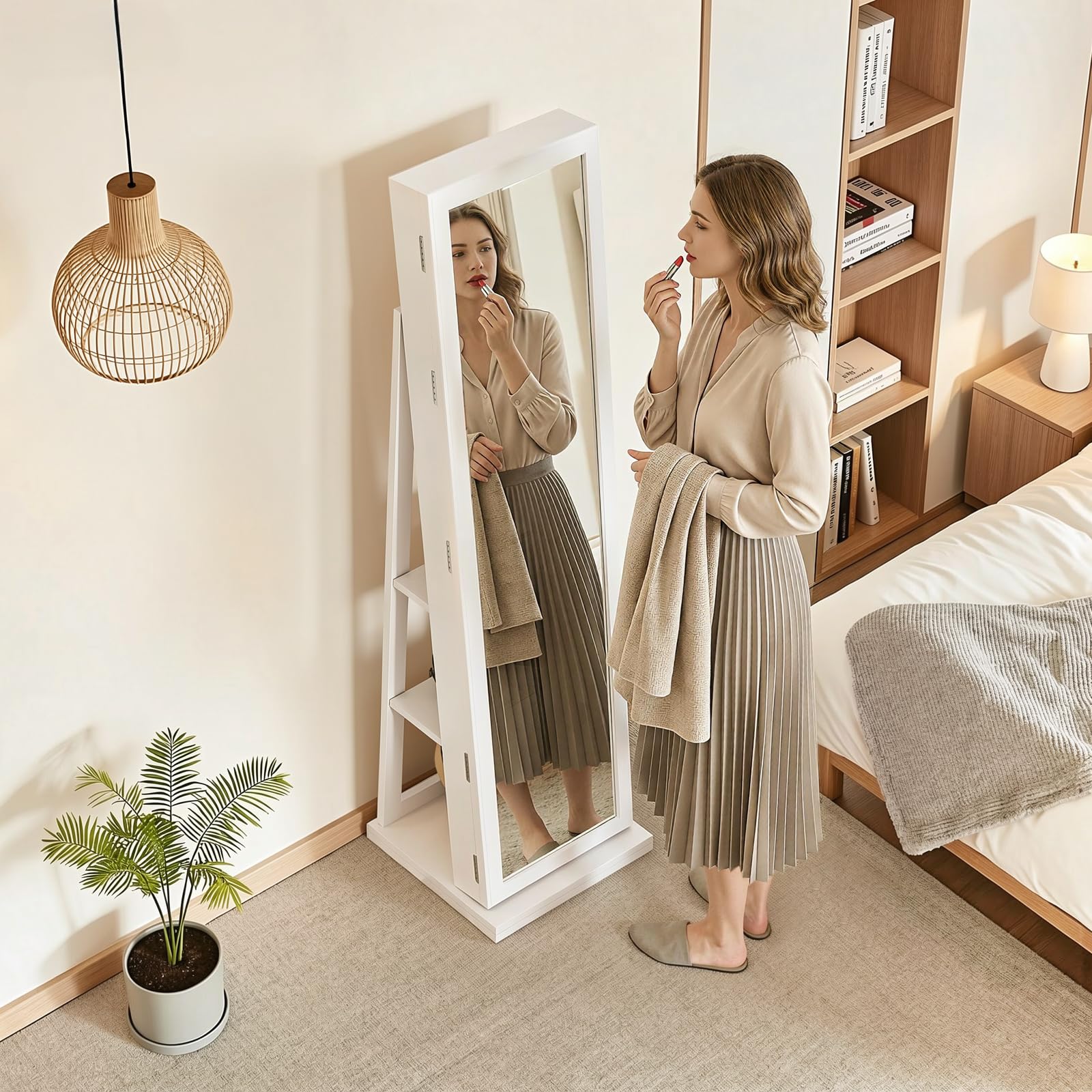 Lockable Jewelry Armoire with Full-Length Mirror