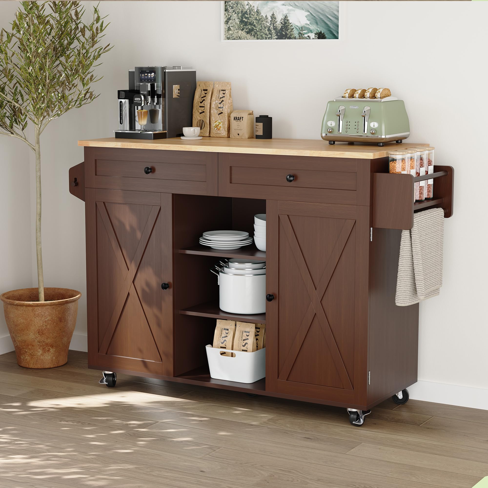 MROJISC Kitchen Island Cart with Storage, Rolling Kitchen Island On Wheels with Solid Wood Drop Leaf Breakfast Bar, Barn Door Island Table for Kitchen with Spice Rack & Towel Rack, Brown