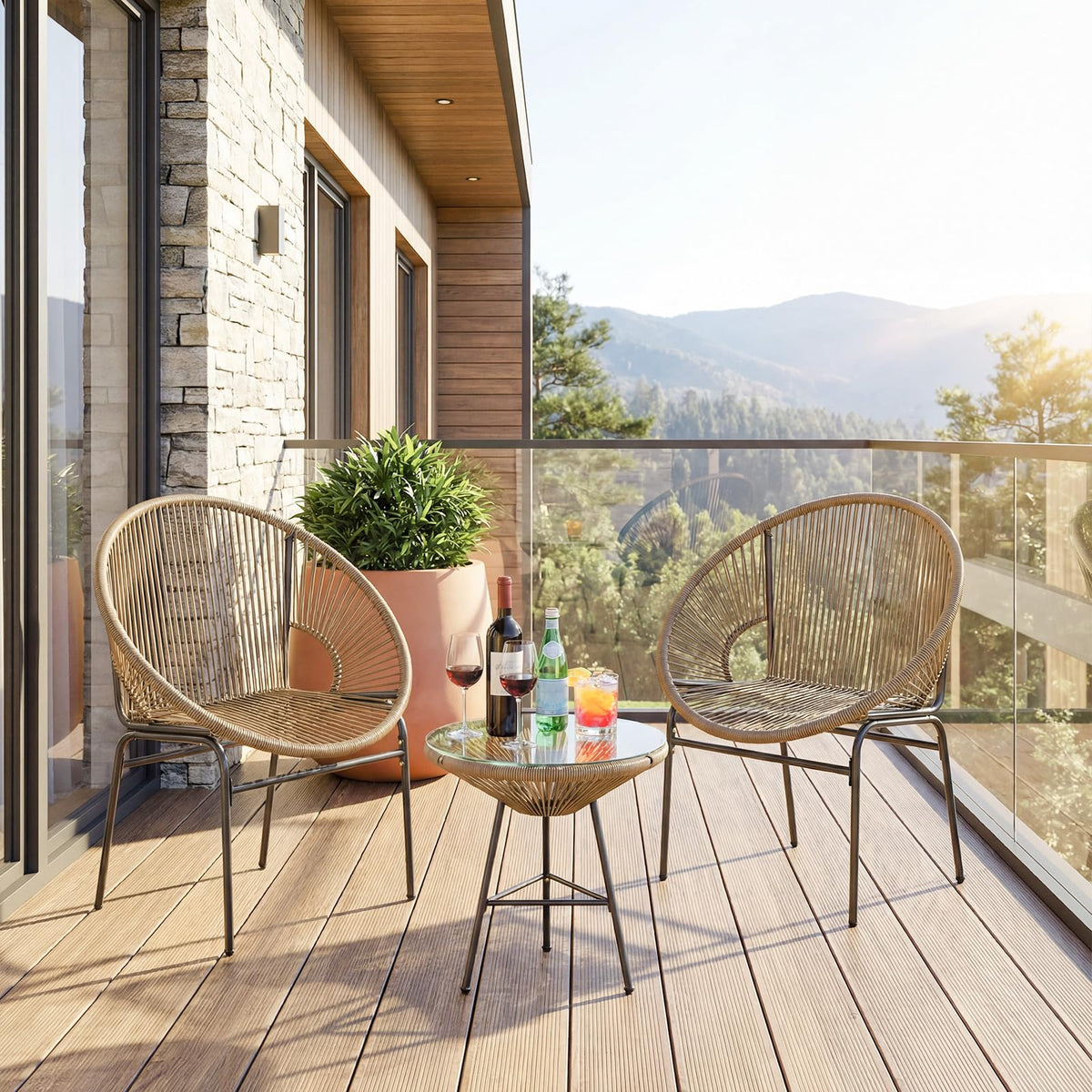 COSTWAY 3-Piece Outdoor Acapulco Chair Set, Wicker Bistro Sets (Brown)