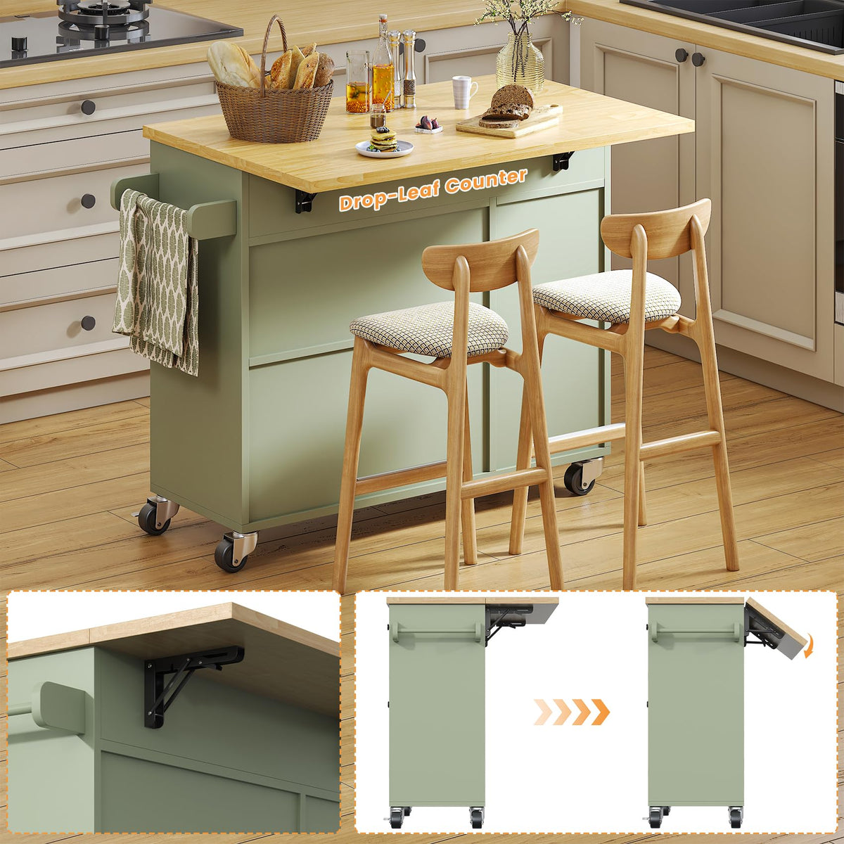 Bigbiglife Kitchen Island with Drop Leaf, Island Table on Wheels with Storage Cabinet, Modern Sideboard Buffet with Doors, Rolling Kitchen Island Cart for Dinning Room,Green