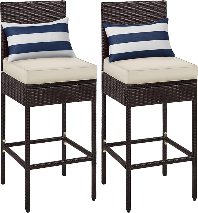 Outdoor PE Rattan Bar Stools with Cushions & Footrests
