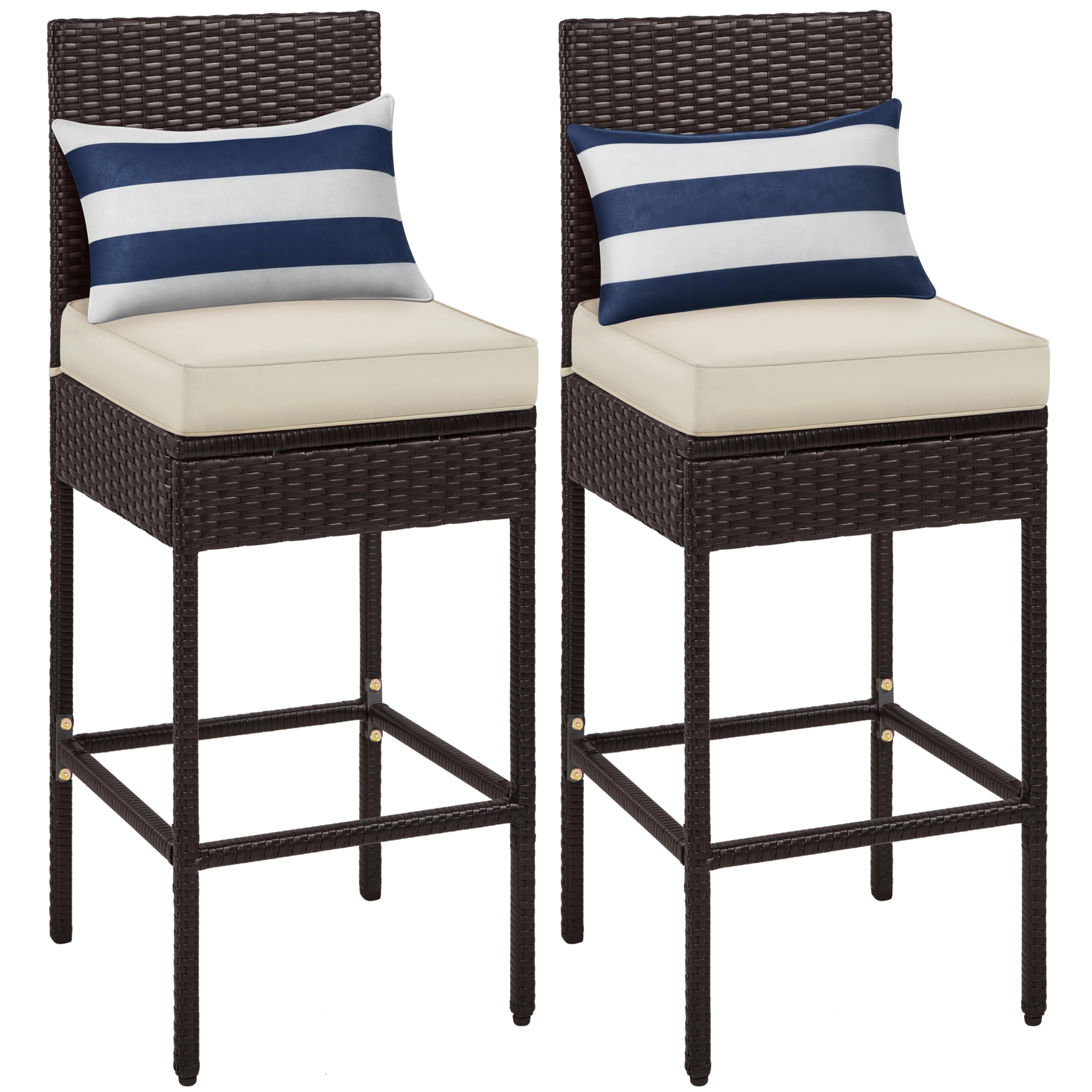 Outdoor PE Rattan Bar Stools with Cushions & Footrests