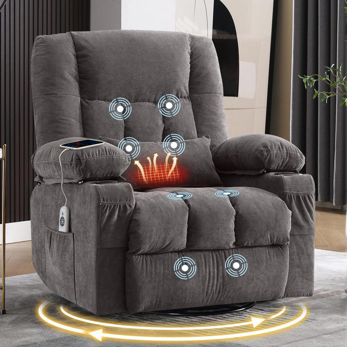 Grey Swivel Rocker Massage Recliner