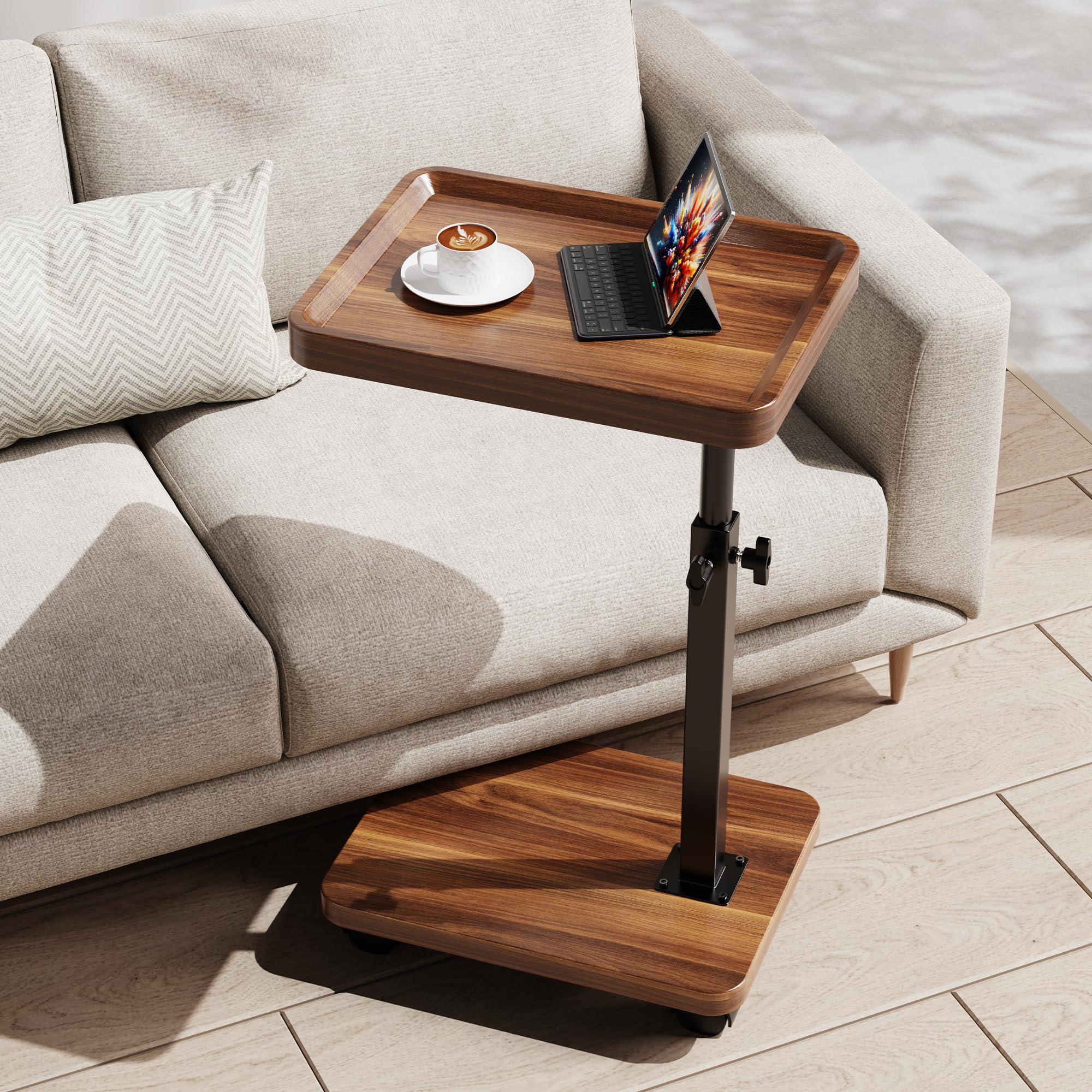 SJIE C Table End Table Adjustable Height, 360°Swivel TV Tray Table for Small Spaces, Side Tables with Wheels for Living Room and Bedroom, Bed (Walnut)