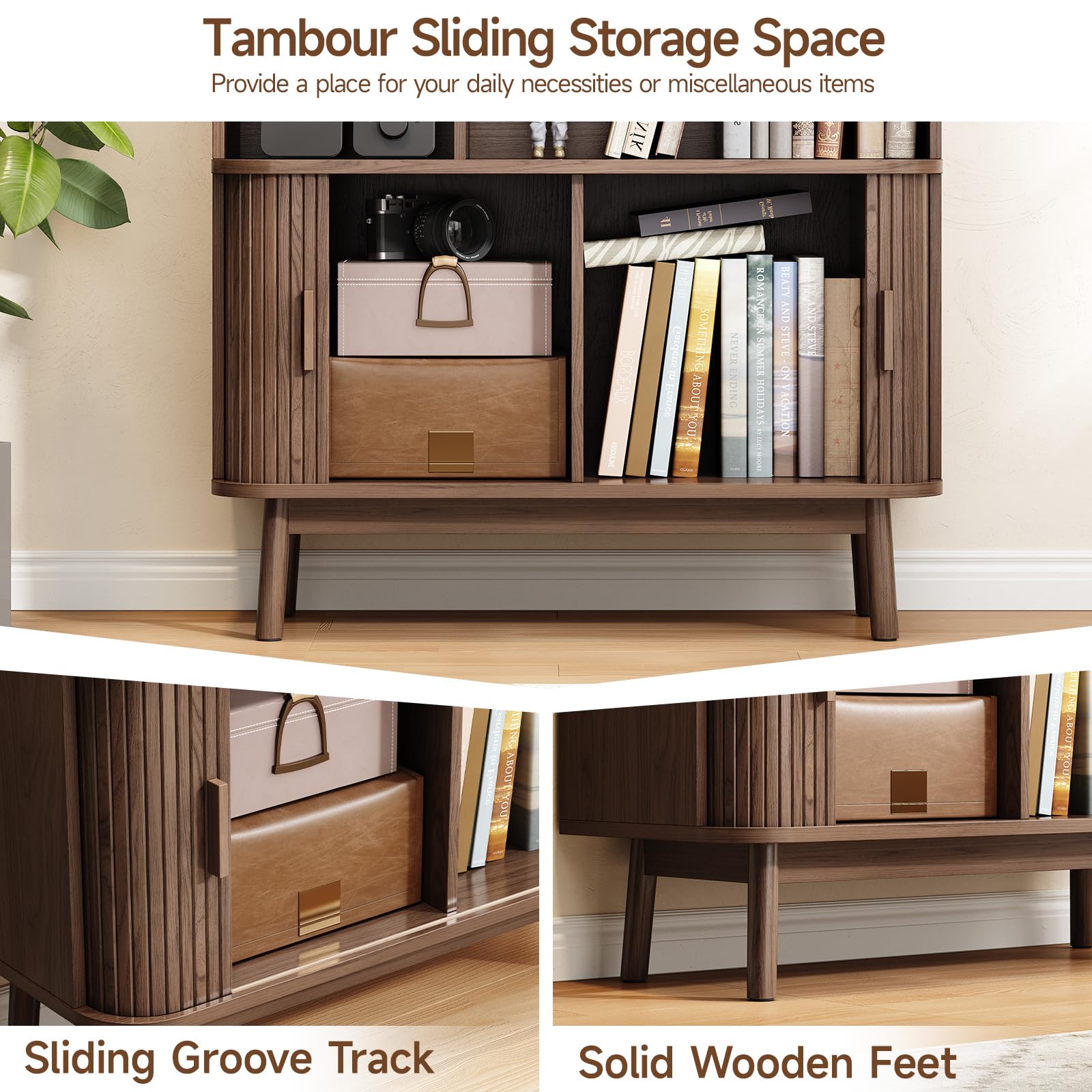 ONBRILL 71" Tall 8-Cube Storage Bookshelf, 35.4" Wide Mid-Century Modern Bookcase with Sliding Door Storage Cabinet, Freestanding Bookshelf with Solid Wood Feet, for Home Office, Living Room, Walnut