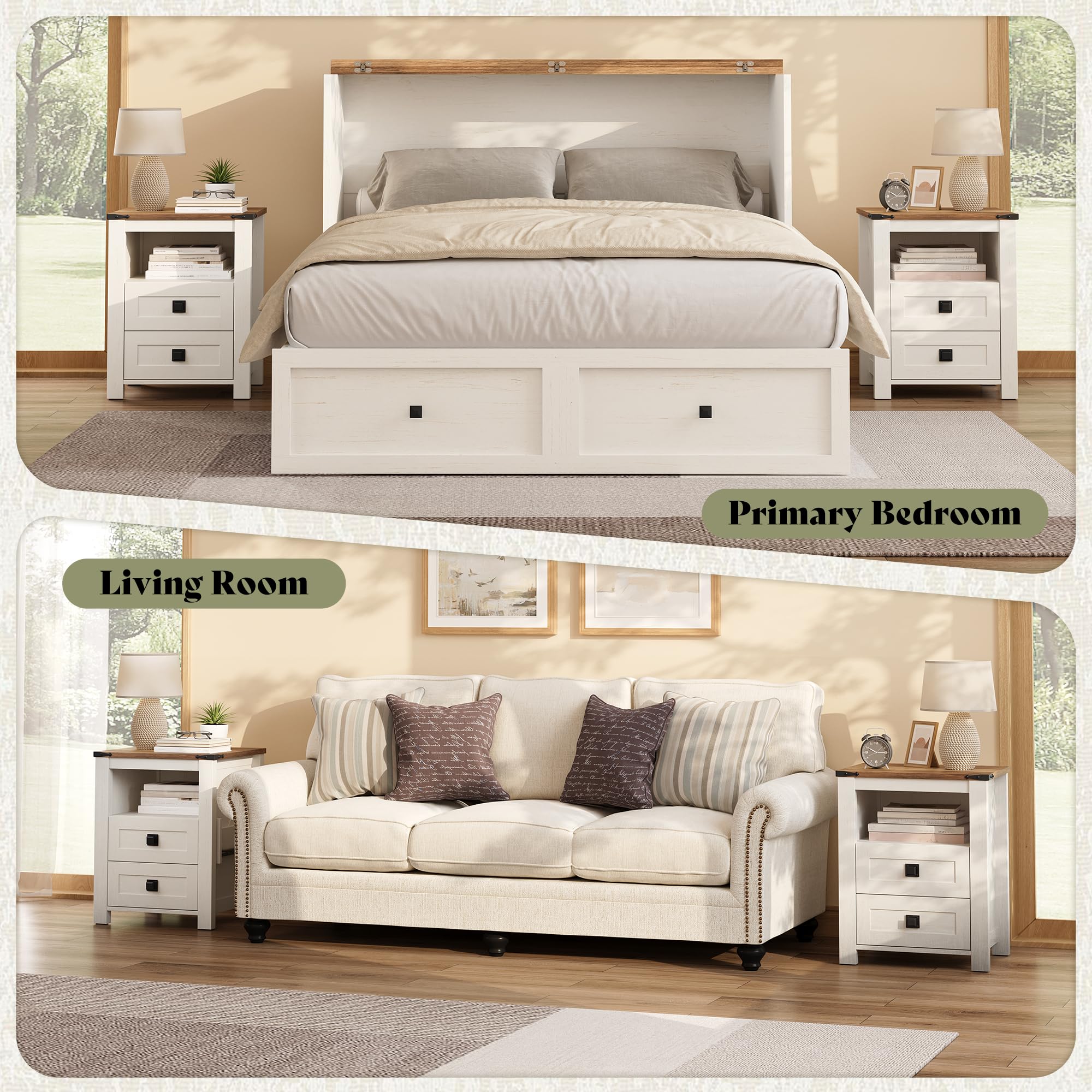 Farmhouse Nightstand Set of 2 with Drawers & Open Shelf