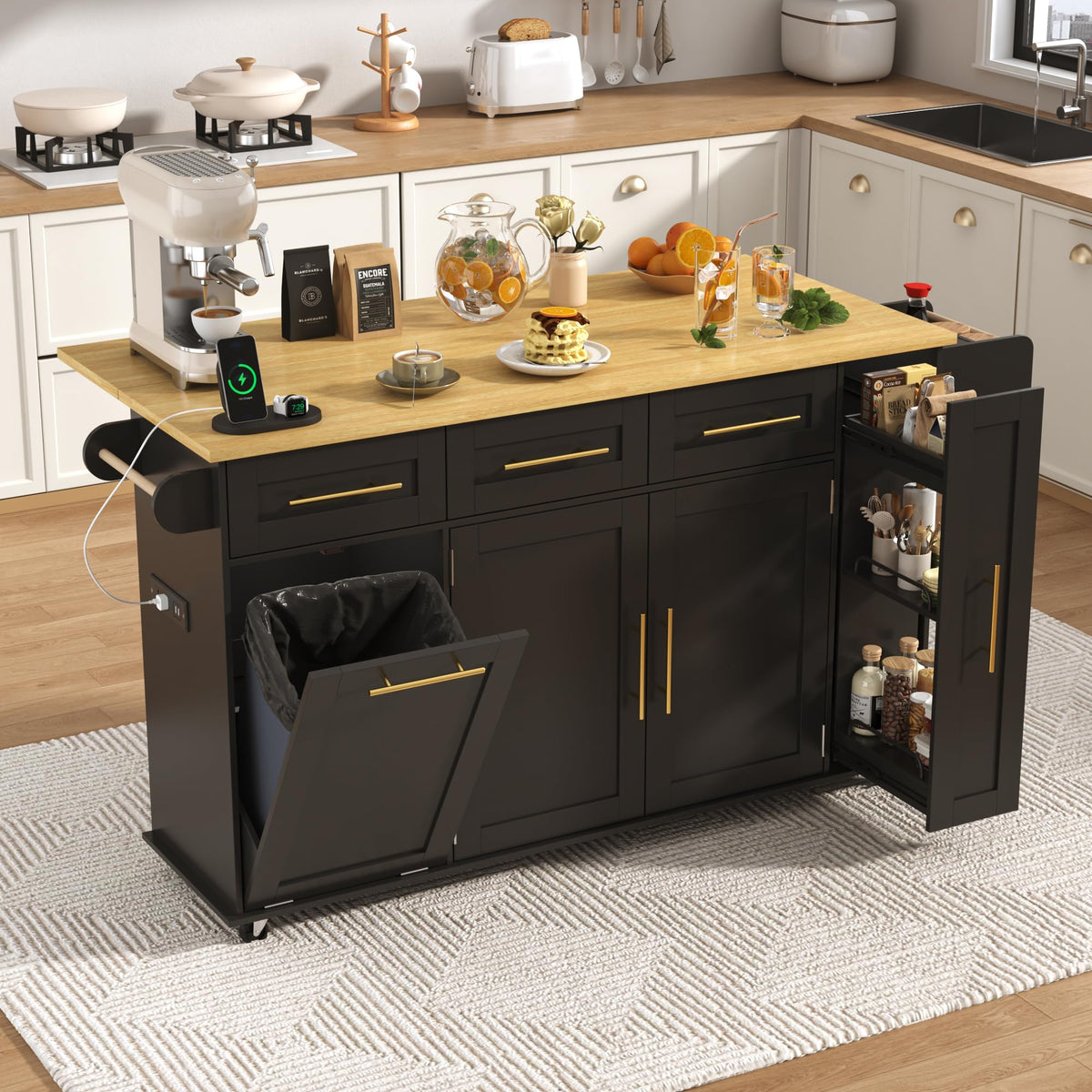 St.Mandyu 69" Large Kitchen Island on Wheels, Kitchen Rolling Island Cart with Trash Storage Cabinet, Power Outlet, 3-Tier Pull-Out Storage Trays, Drop Leaf, Mobile Island Table for Kitchen, Black
