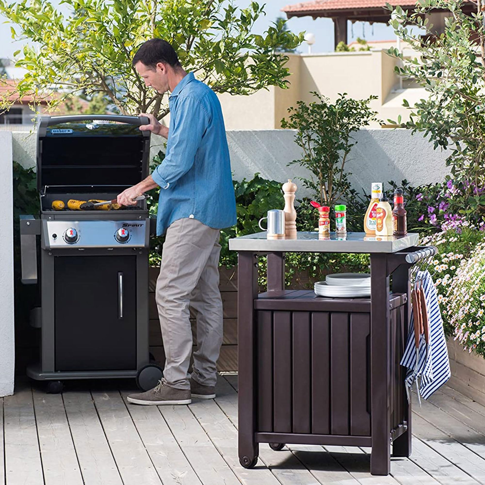 Keter Outdoor Grill Prep Table & Serving Cart, Stainless Steel Top, Unity, 40 Gal, Brown - Portable Bar Table and Cooking Accessory for Pool, Patio, Lawn, and Backyard