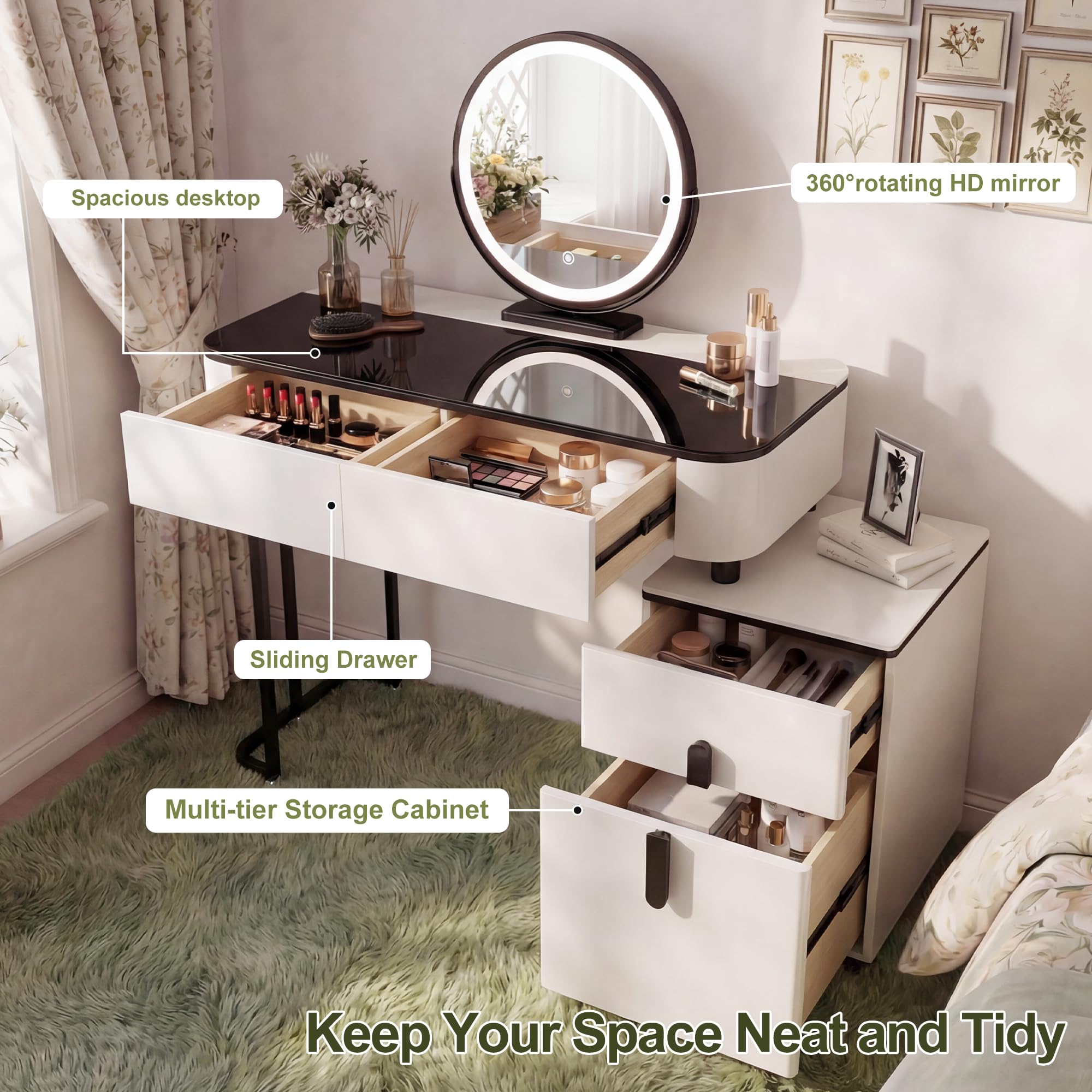 Furnistar White Vanity Desk with Mirror and Lights | Small Vanity with Black Glass Top and 4 Drawers | Modern Makeup Vanity and Reversible Adjustable Side Cabinet (39.37"–51.2") for Bedroom
