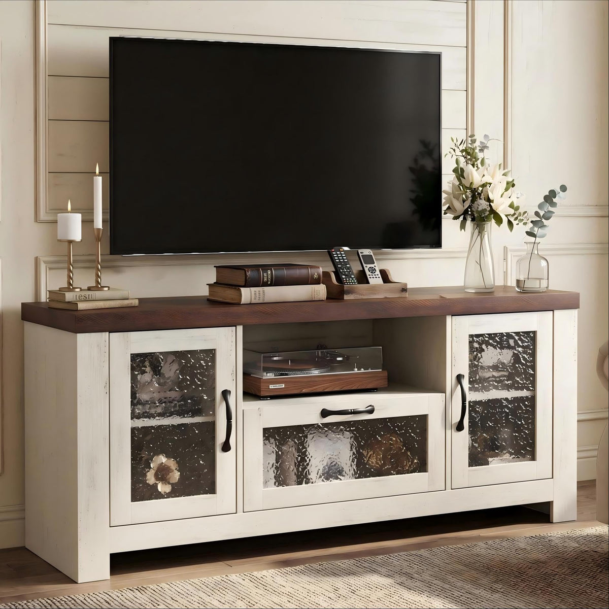 Garvee Farmhouse White & Brown TV Stand for 65 Inch TV for Living Room