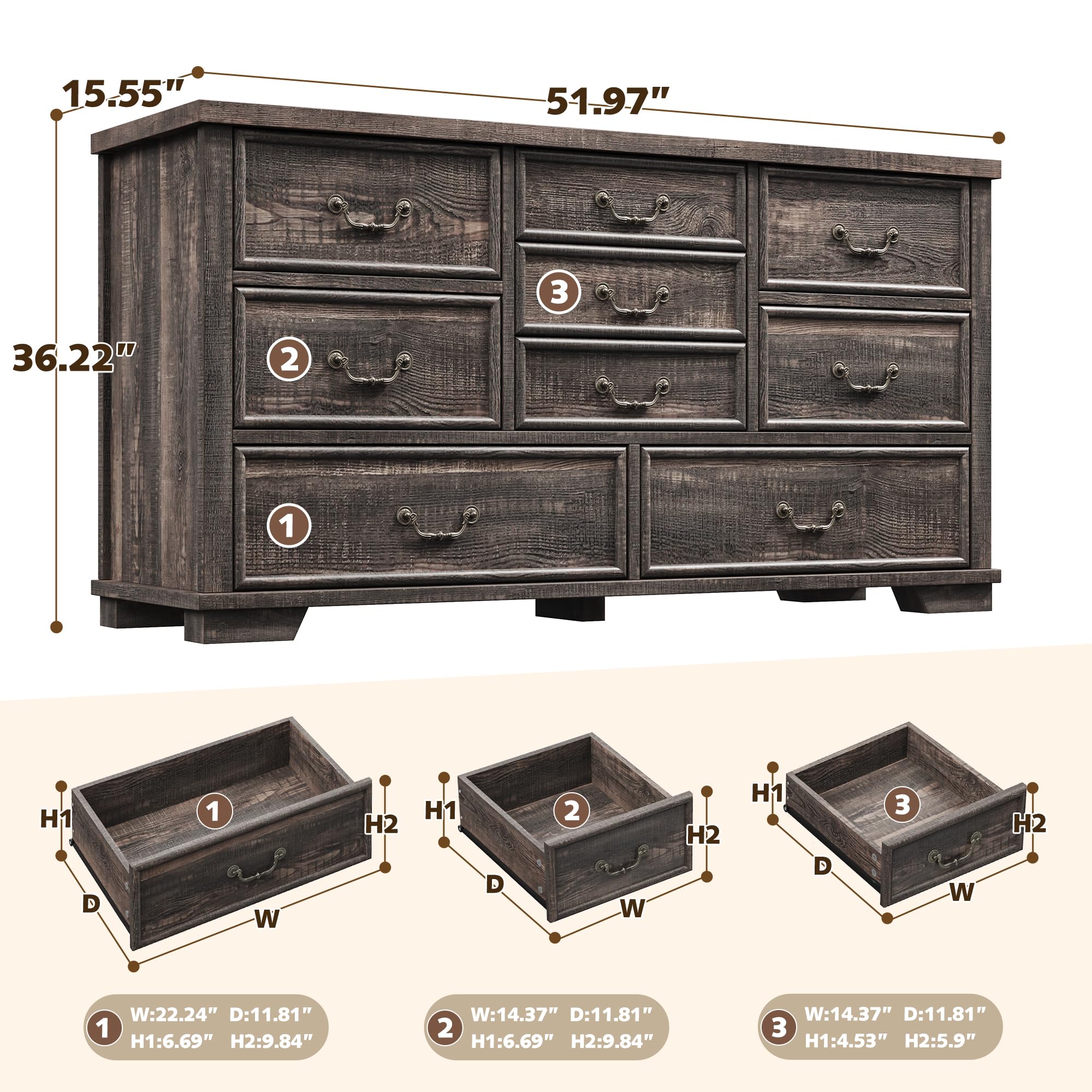 EnHomee Farmhouse 9 Drawer Dresser for Bedroom, 52" Wooden Dresser with Vintage Design, Hallway, 15.6" D x 52" W x 36" H Dark Rustic Oak