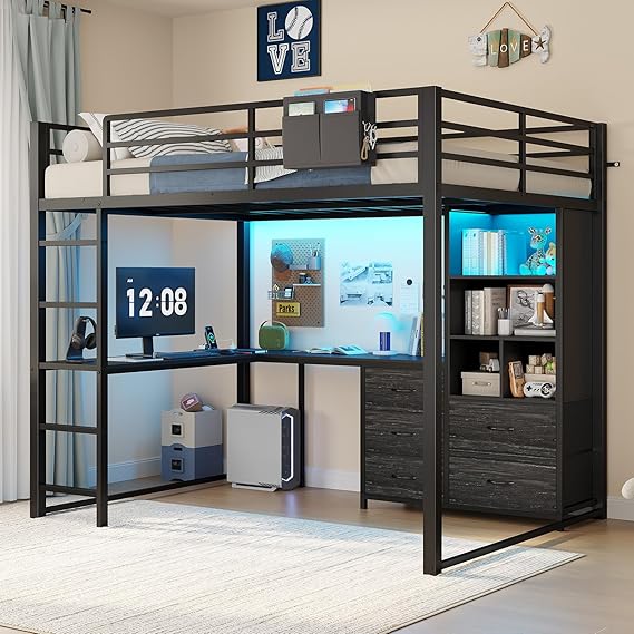 Full Size Loft Bed with L-Desk & Bookshelf