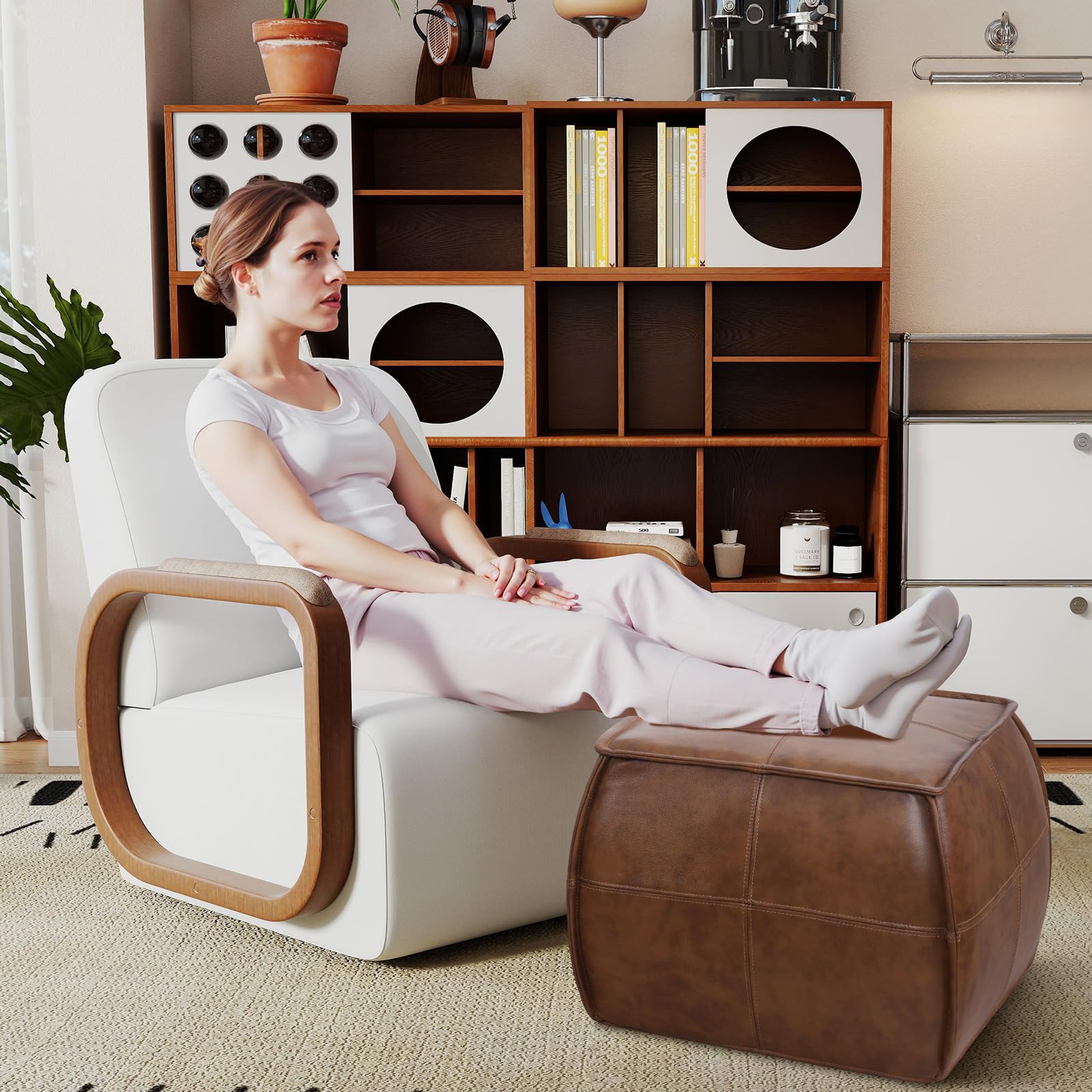 Genuine Leather Pouf Ottoman Footstool