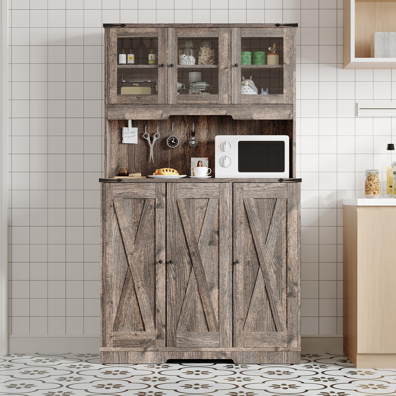Garvee Rustic Brown Kitchen Pantry Cabinet with Charging Station, Farmhouse Freestanding Kitchen Hutch Cupboard Storage Cabinet with Countertop for Living Room 15.2 in d× 40.35 in w× 70 in h