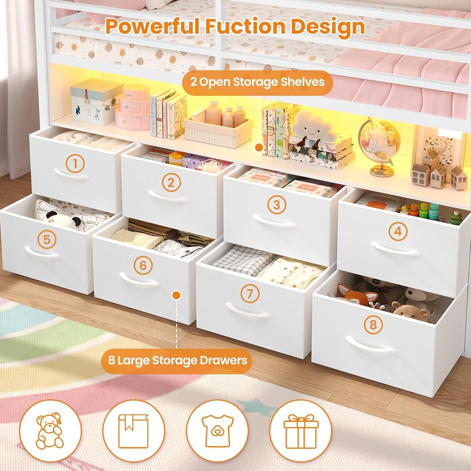 Twin Low Loft Bed with 8 Storage Drawers, LED Lights & House Design