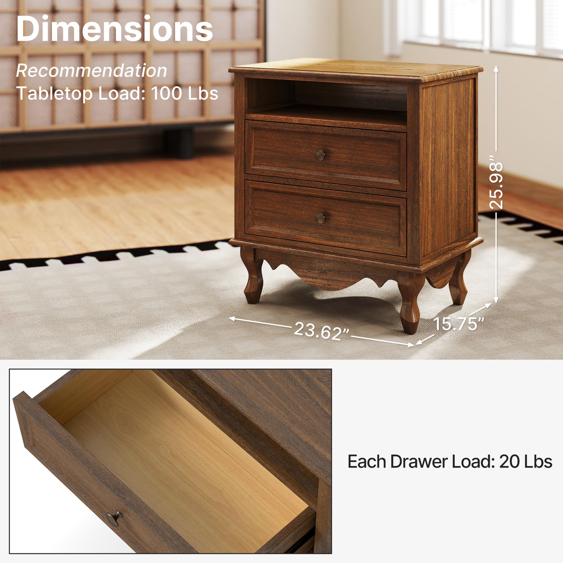Nightstand with 2 Drawers, Open Shelf & Charging Station