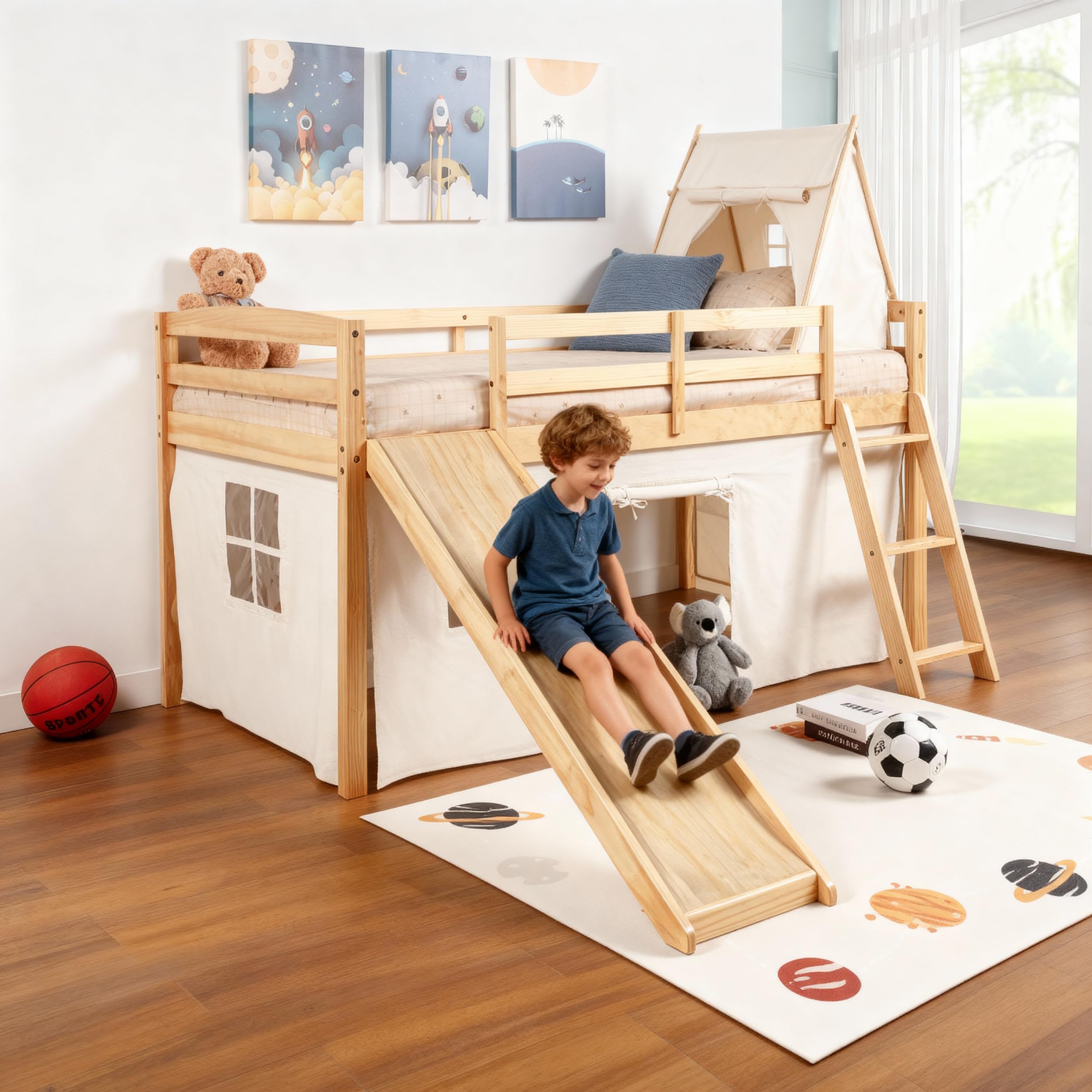 Kids Loft Bed with Slide & Tent