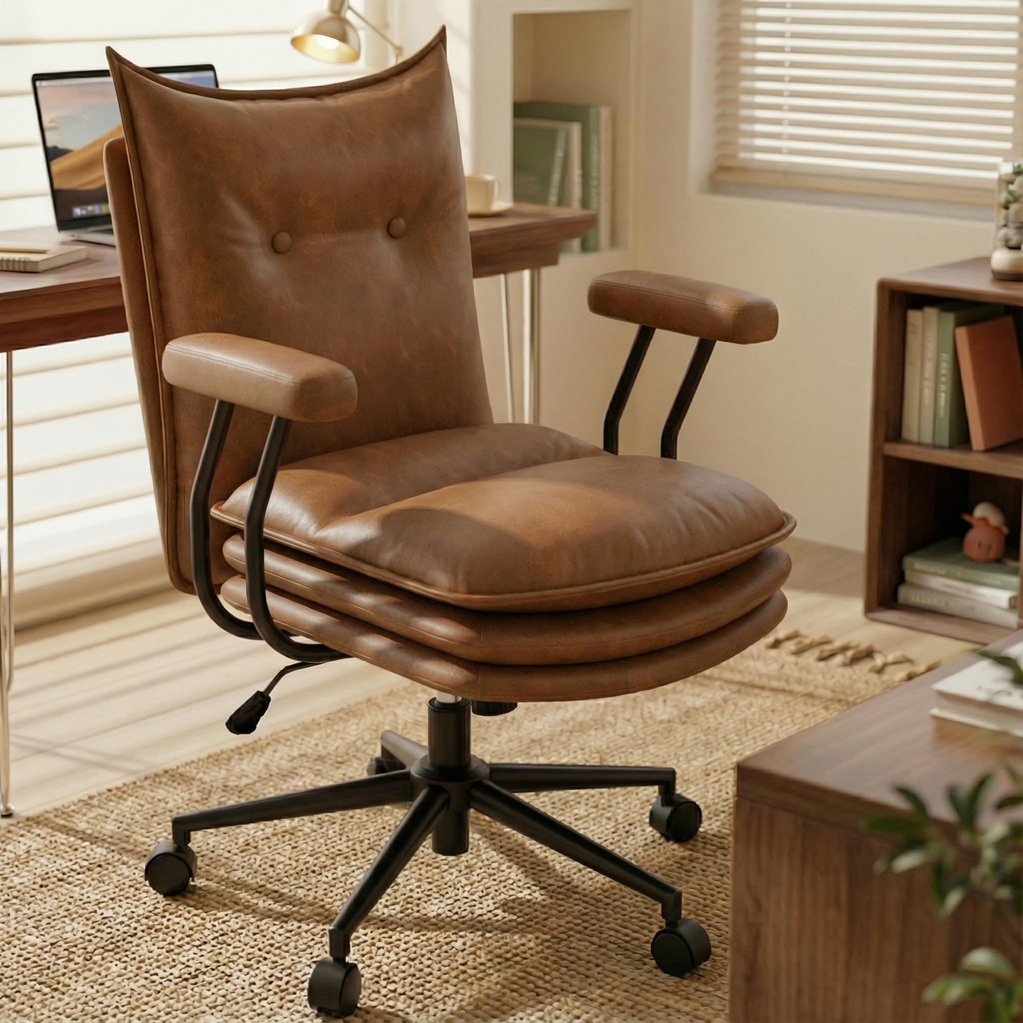 Mid-Back Leather Office Chair with Triple-Layer Seat