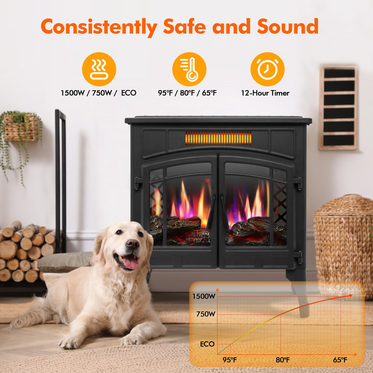 RealSmart Electric Fireplace Heater, 25“ Freestanding Stove Heater with 3D Realistic Flame Effect, Fireplace Stove Overheat Safety Protection for Indoor Use Bedroom,750W 1500W Retro Black