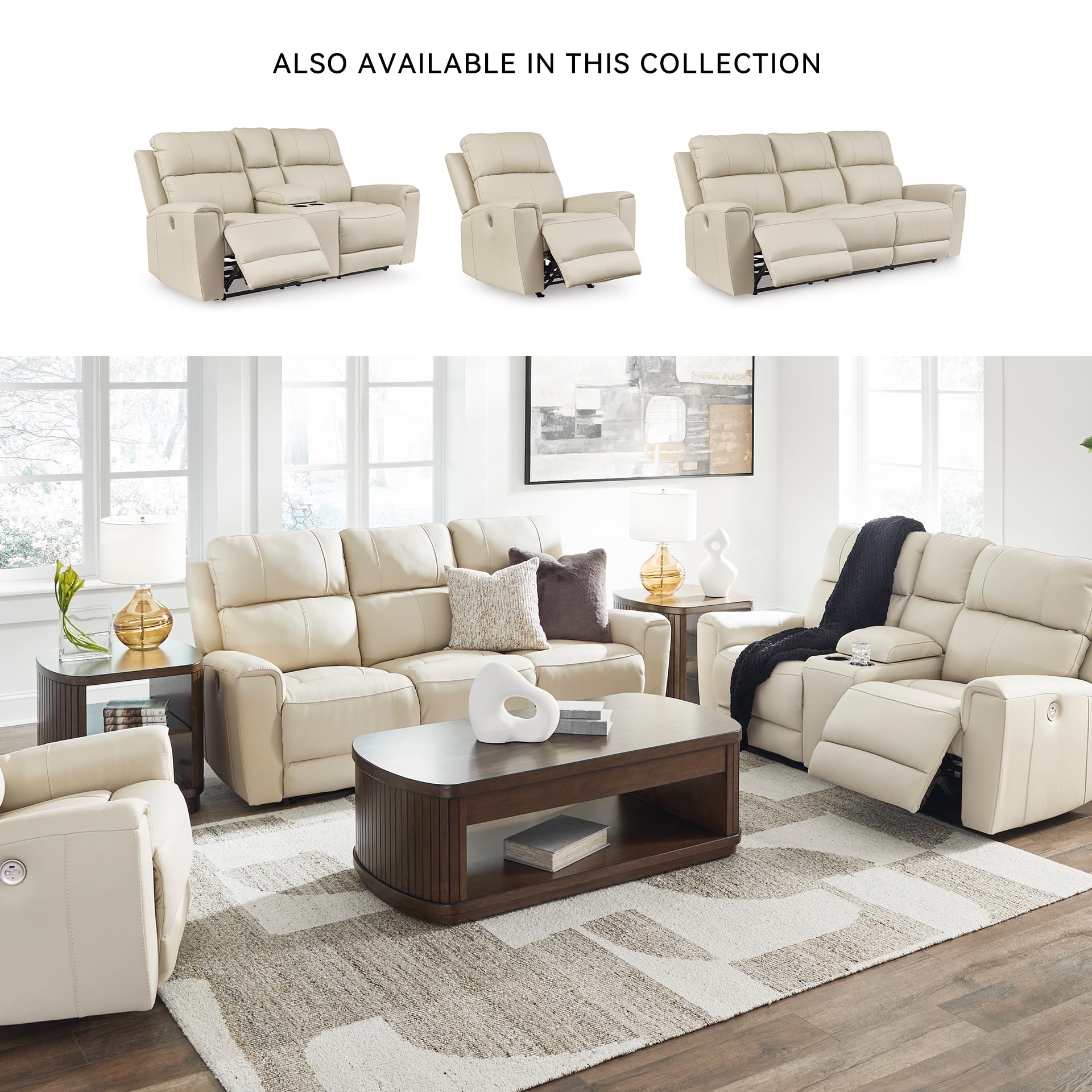 Signature Design by Ashley Dahlmoore Contemporary Leather Match Power Reclining Loveseat with Console and USB Ports, Beige
