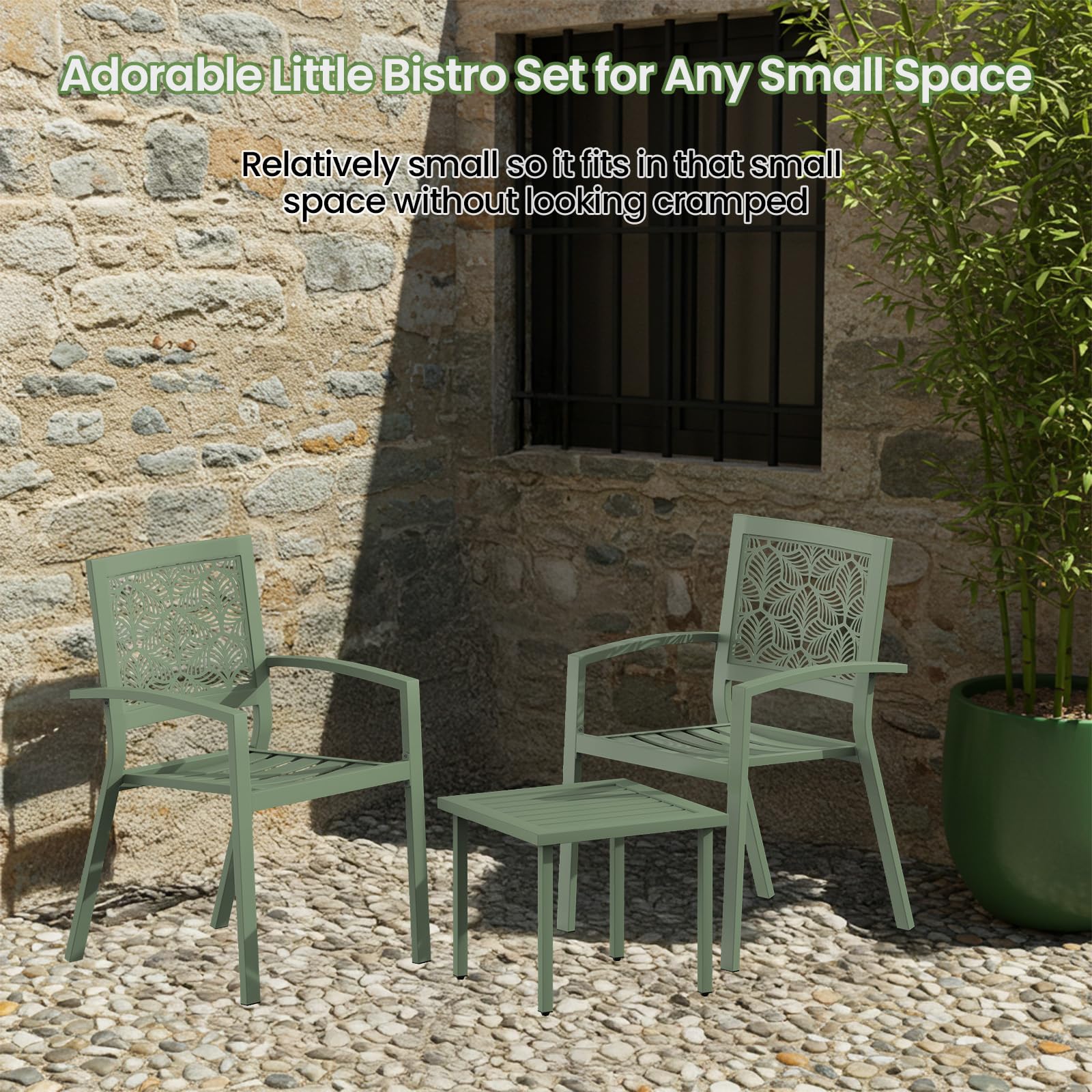 BUPPLEE 3 Piece Patio Bistro Set, Outdoor Steel Furniture Set, Stackable Modern Conversation Sets for Balcony Garden Deck Patio w/2 Chairs 1 Table, Sauge Green