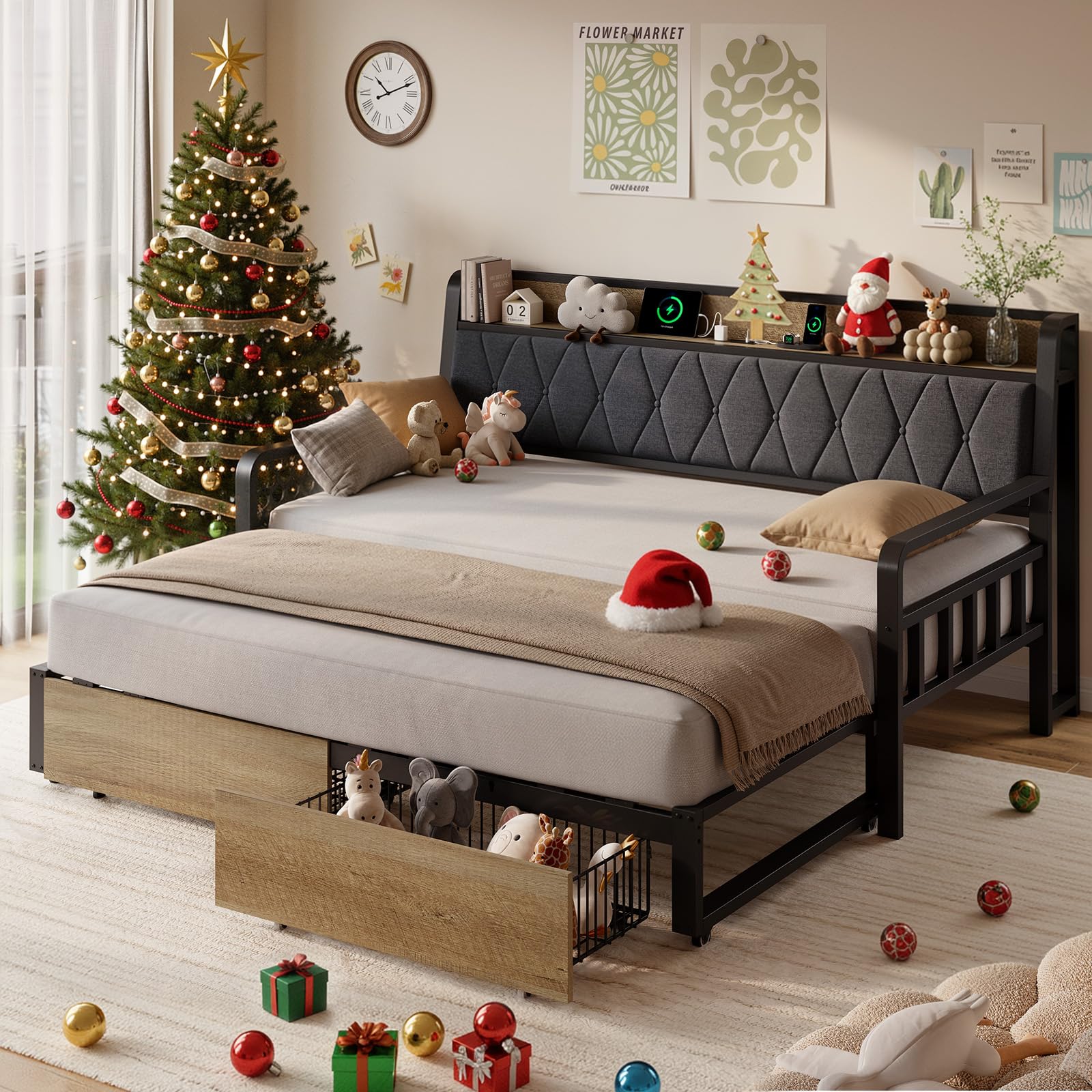 ONBRILL Twin Daybed with Trundle, Twin to King Daybed with Pop up Trundle, Metal Twin Day Bed Frame with Storage Drawers, Upholstered Headboard & Power Outlet for Living Room & Guest Room, Black