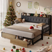 ONBRILL Twin Daybed with Trundle, Twin to King Daybed with Pop up Trundle, Metal Twin Day Bed Frame with Storage Drawers, Upholstered Headboard & Power Outlet for Living Room & Guest Room, Black