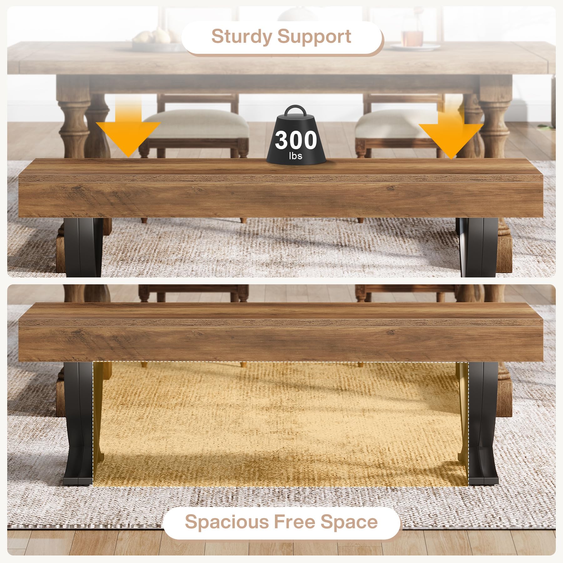 55-Inch Farmhouse Dining Bench with Metal X-Shaped Legs