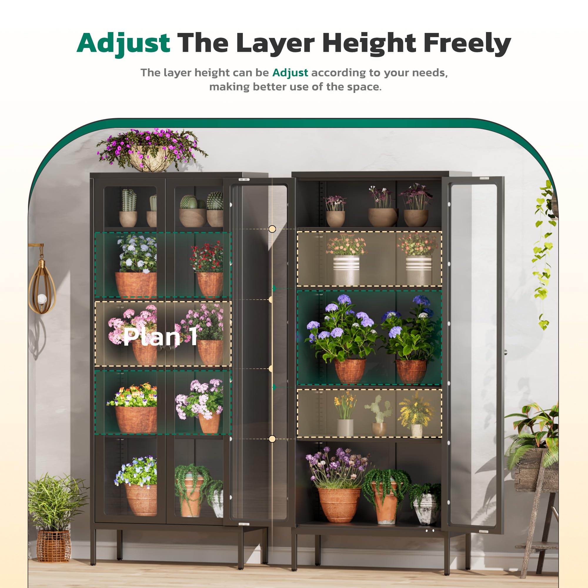 Greenvelly Metal Glass Display Cabinet with 5-Tier Storage Shelves, Tall Curio Cabinet with Glass Doors and Shelves, Black Steel Cabinet Collectibles Display Case for Home Office, Living Room, Pantry