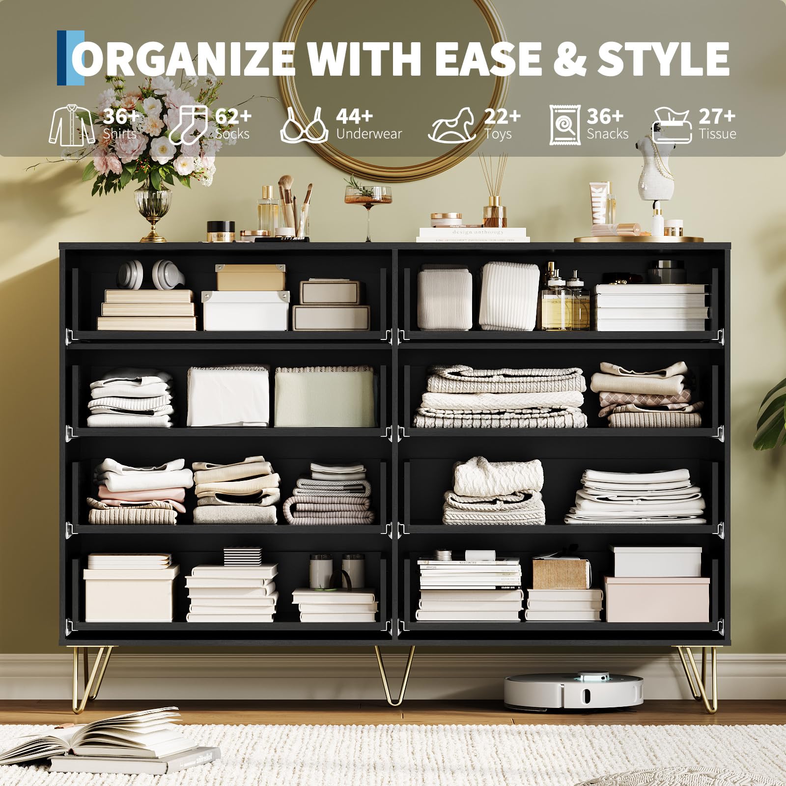 GAOMON Modern Fluted 8-Drawer Dresser - 55" Wide Wood Chest with Metal Handles - Multi-Use Bedroom Clothes Storage Cabinet & TV Stand - Contemporary Furniture, Black