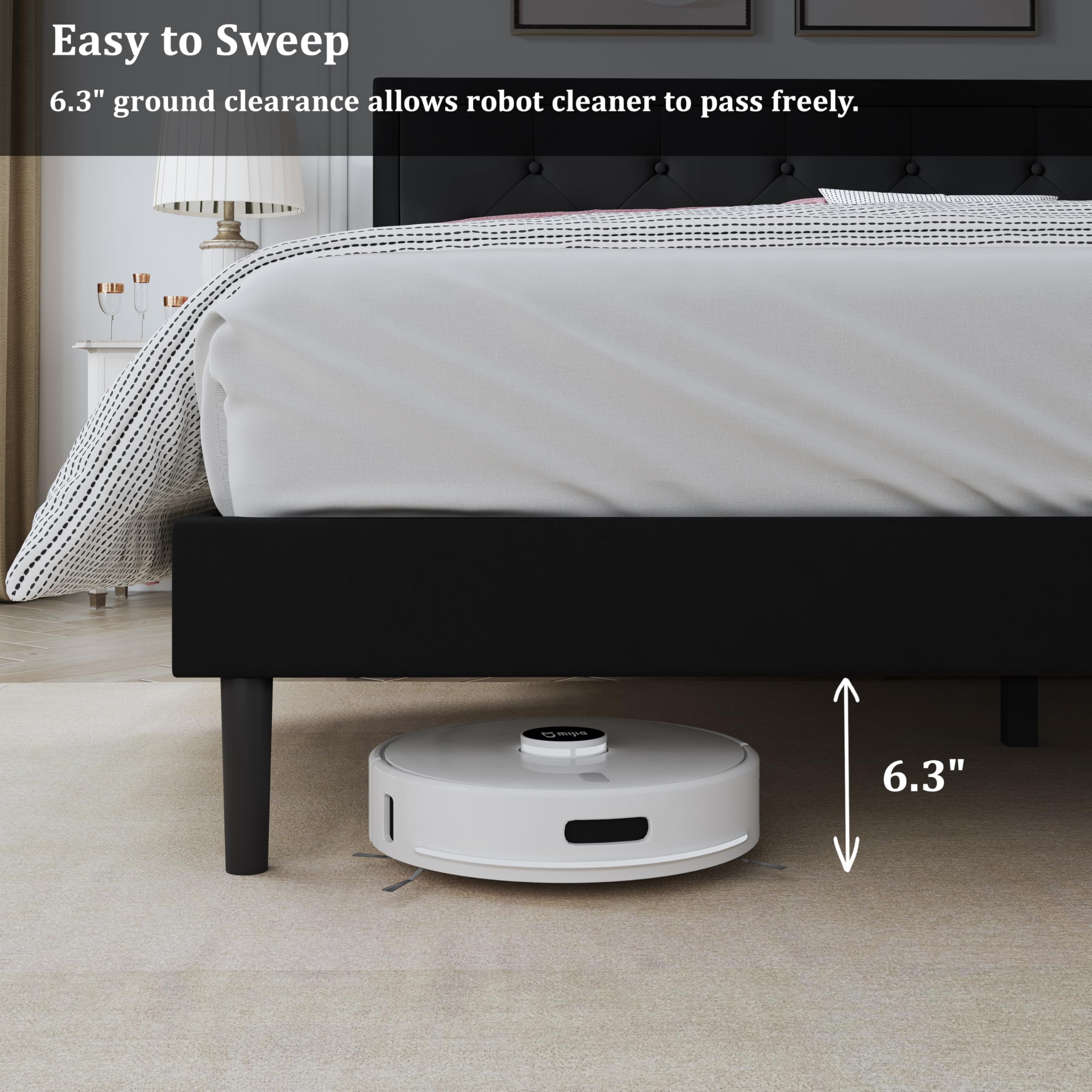 IOILORI Full Size Bed Frame with Upholstered Velvet Headboard, No Box Spring Needed, Button Tufting Design, Strong Wooden Slat, Black