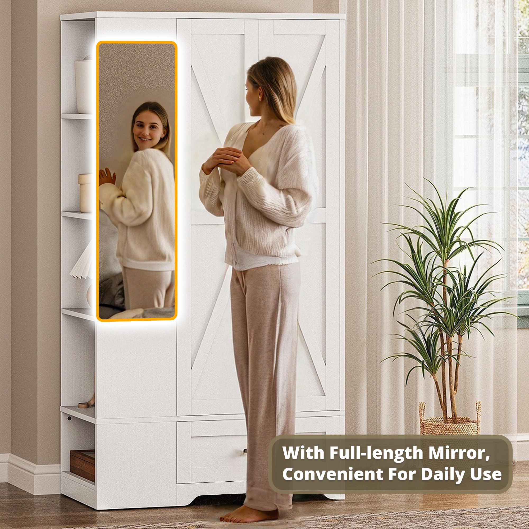Tall Wardrobe Closet with Mirror & Barn Doors
