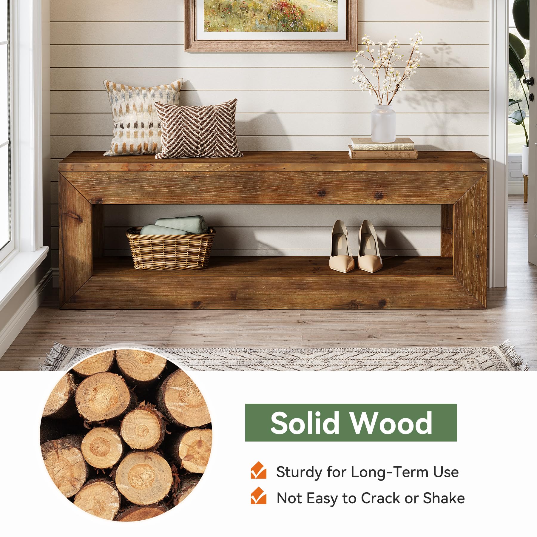 TRIBEWOOD Solid Wood Entryway Bench, 47" Rustic Farmhouse Indoor Bench Seat with Storage Shelf for Entrance, Hallway, End of Bed