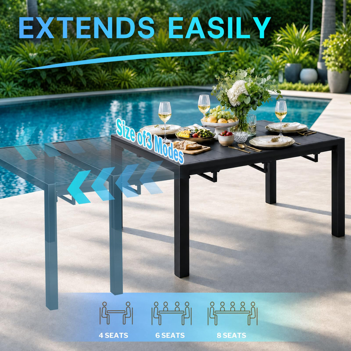 bigget Extendable Patio Dining Table for 8, 78.8" Long Rectangular Expandable Outdoor Dining Table for 8, 500LBS Powder-Coated Black Metal Extra Large Outdoor Patio Table for Outside, Garden, Lawn