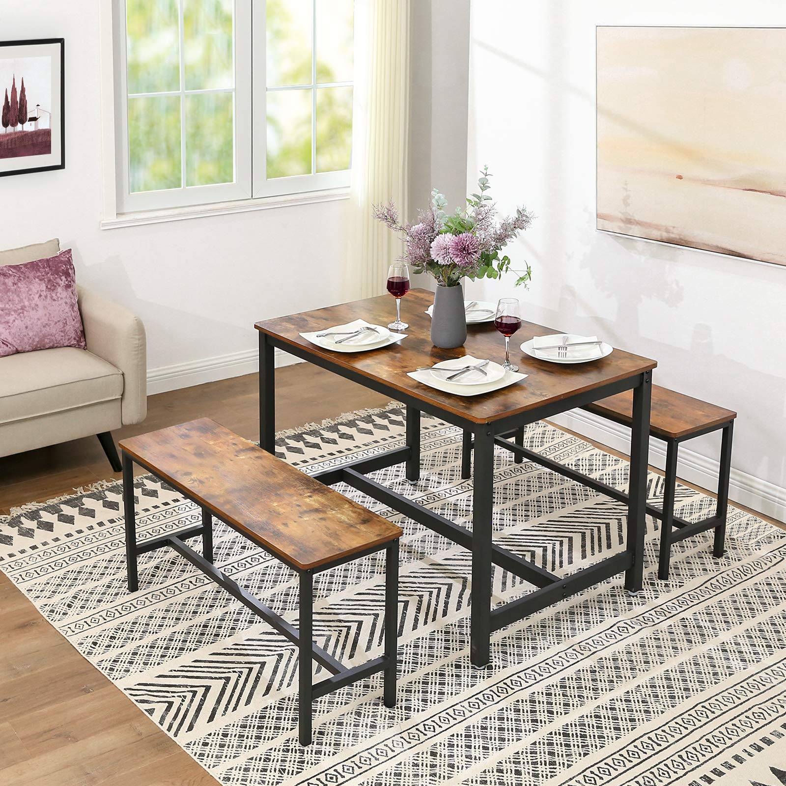 Dining Bench Set of 2 – Industrial Style, Rustic Brown & Black