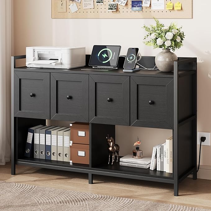 Lateral Filing Cabinet with Power Outlet & Storage Shelves