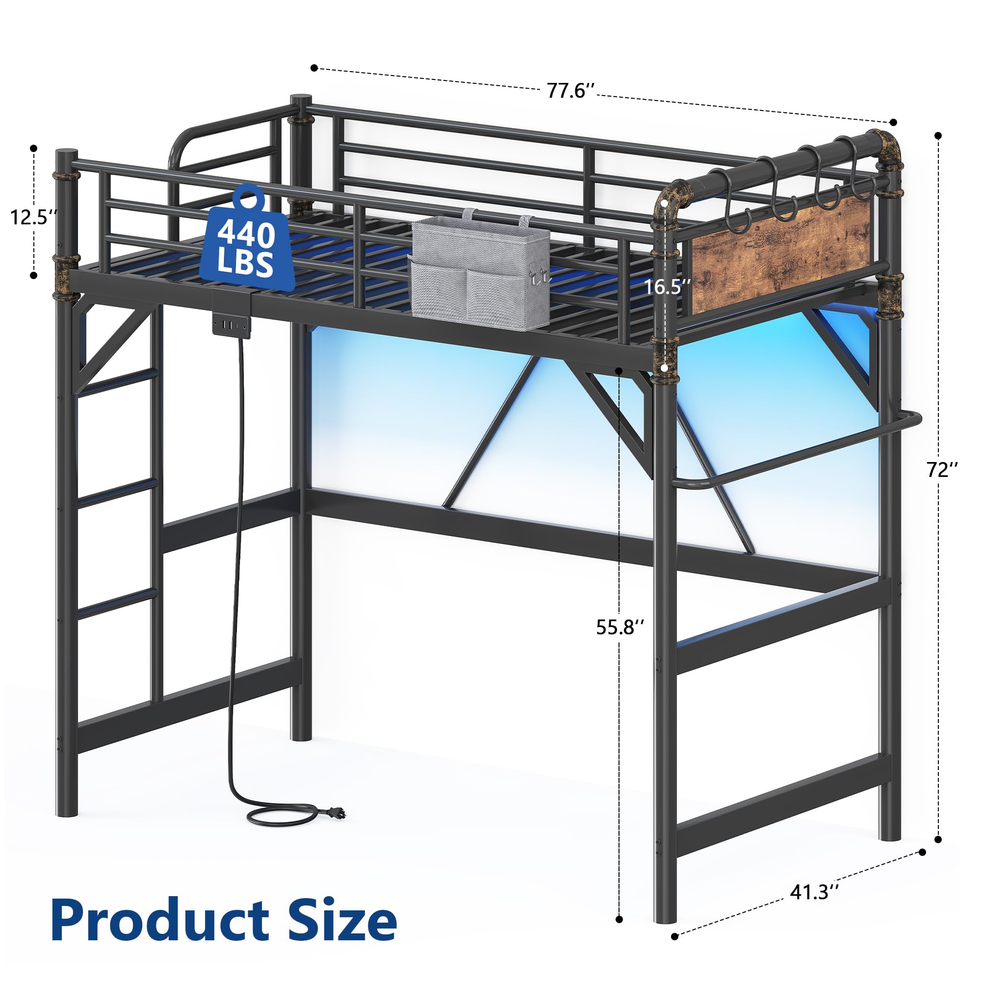 Twin Loft Bed with RGB LED Lights & Charging Station