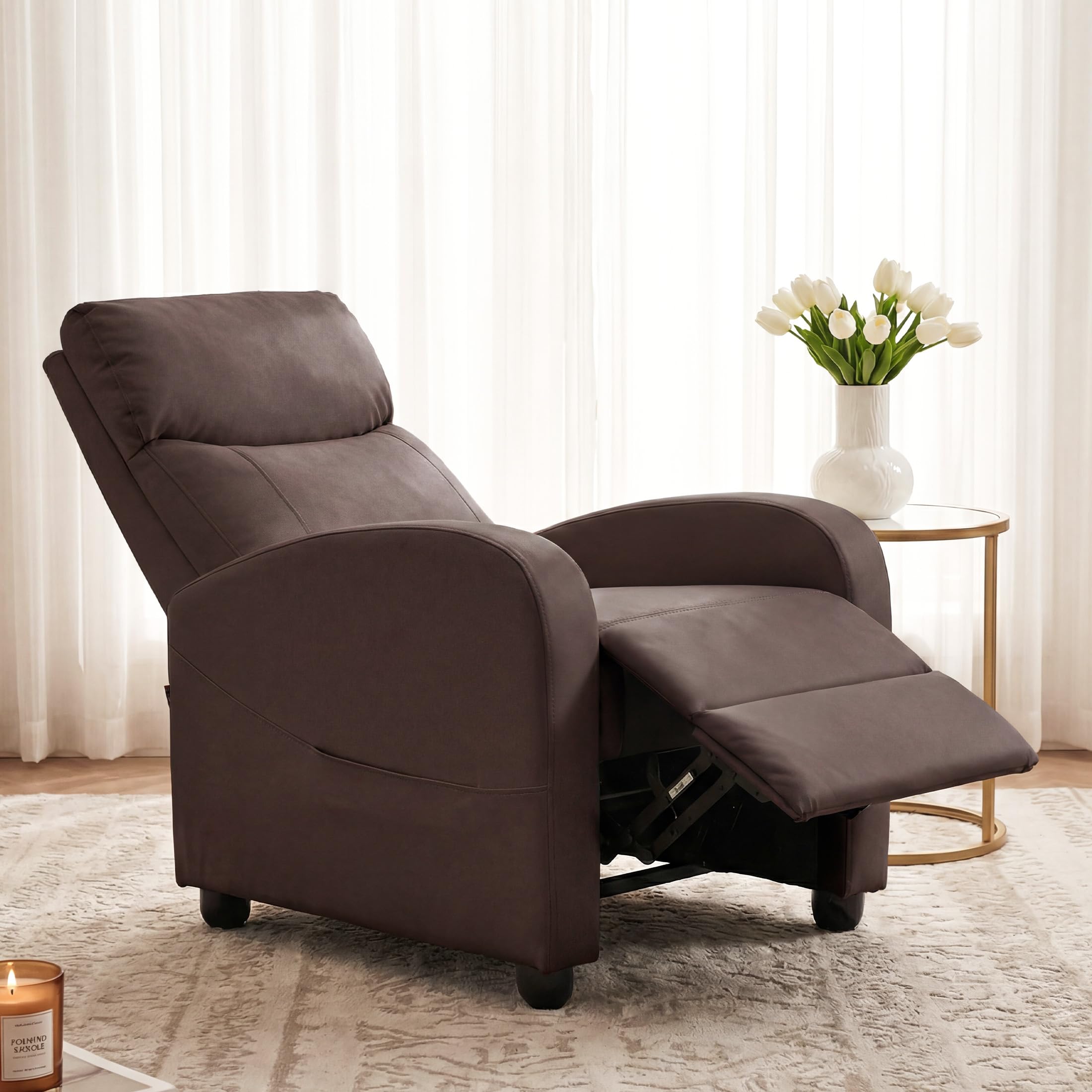 Sweetcrispy Recliner Chair PU Leather Recliner Sofa No Massage, Home Theater Seating with Lumbar Support, Adjustable Push Back Overstuffed High-Density Sponge Reclining for Living Room, Brown