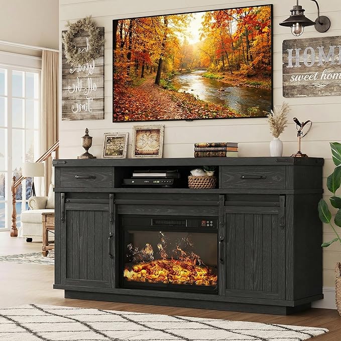 58" Farmhouse Fireplace TV Stand with LED Lights