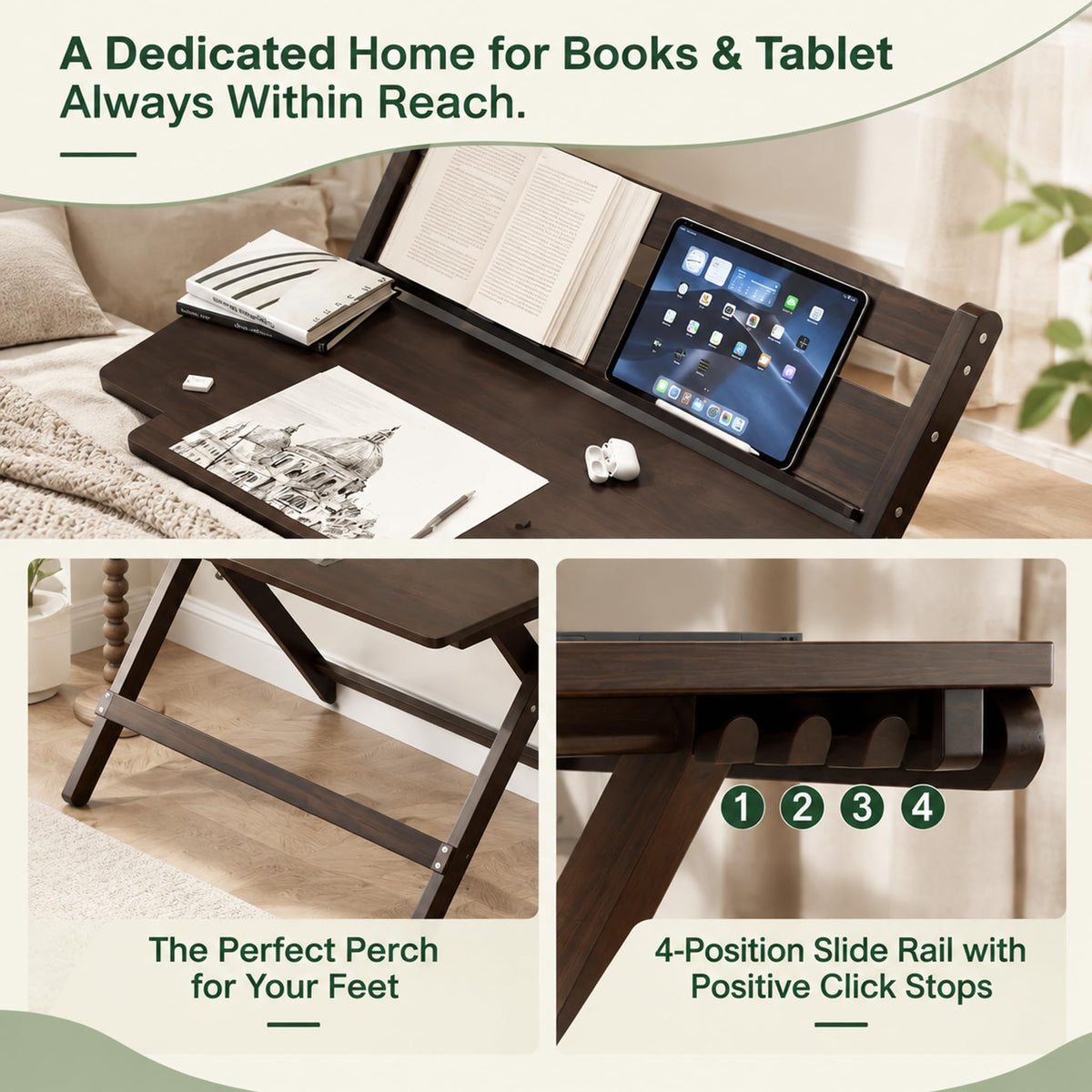 JORZIK Bamboo Foldable Desk, 31" Portable Oversized Desk with 4 Adjustable Heights,Home Office Computer Desk with ReadingShelf, Perfect Furniture for Living Room &Bedroom, No Assembly (Walnut)