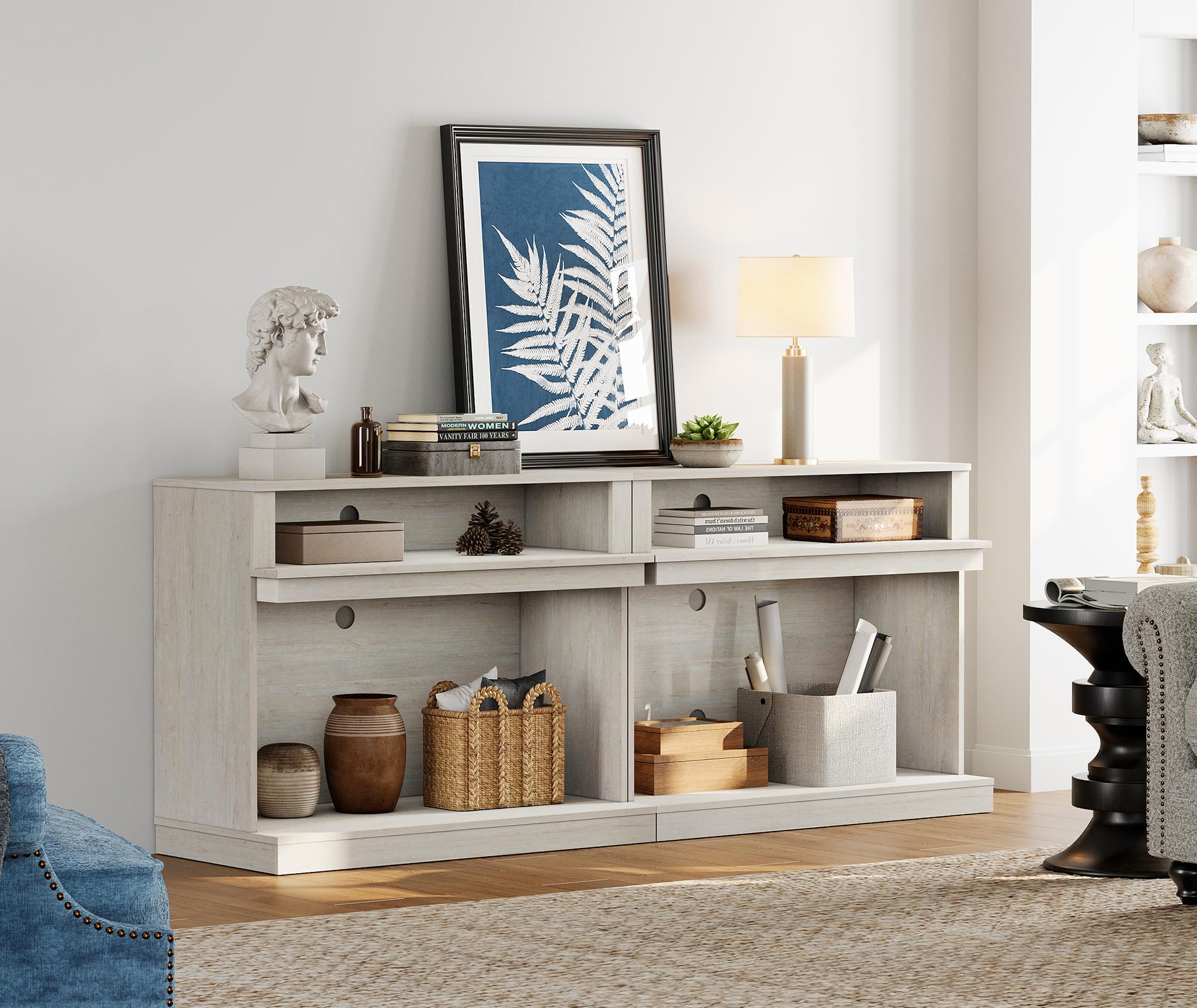 WAMPAT TV Stand for 85+ Inch TVs, Set of 2 Farmhouse Entertainment Center with Open Storage Shelves, Industrial Media Console Table for Living Room and Bedroom, Antique White