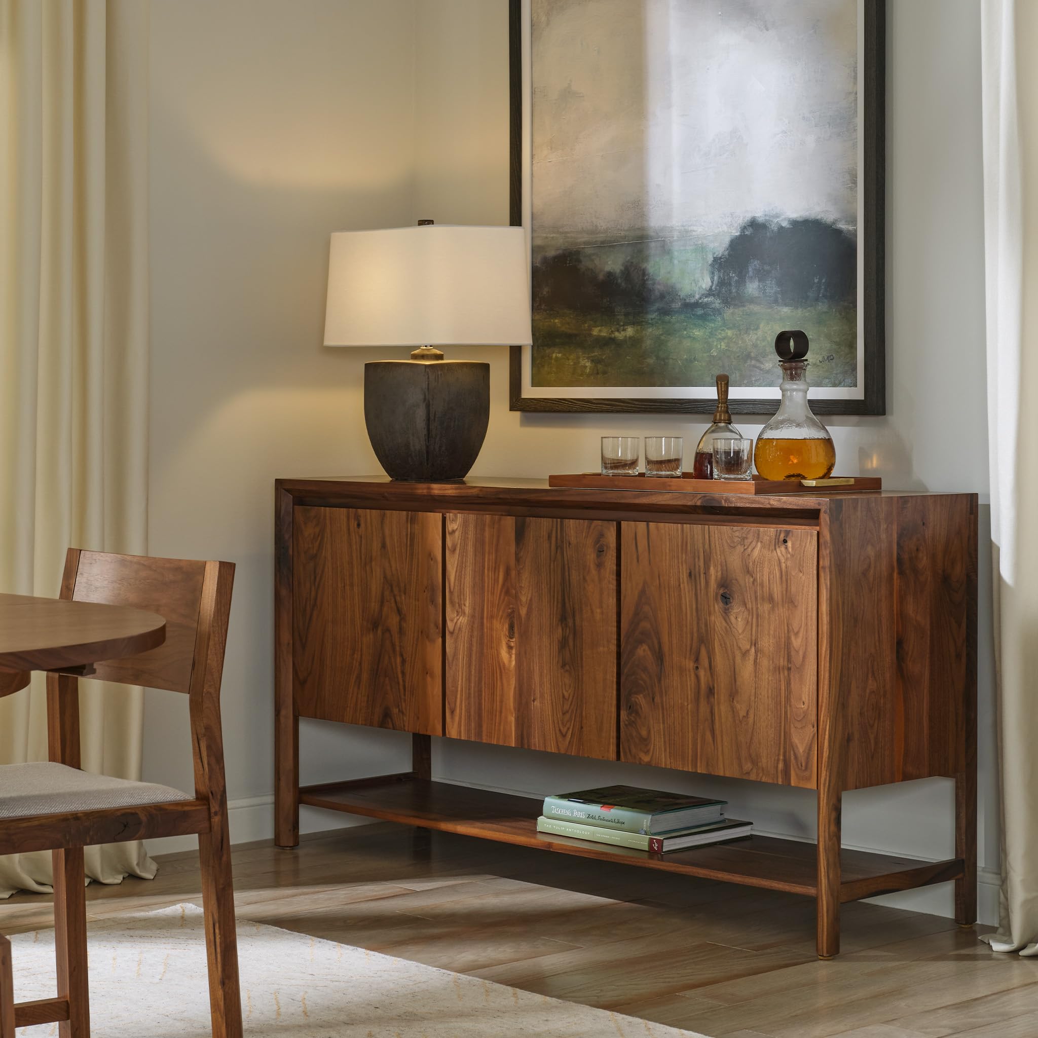 Stickley Saranac Sideboard, Buffet, Solid Rustic Walnut, Sustainable Construction, 3 Doors, Adjustable Shelf Each Side, Fixed Bottom Shelf, 64in W x 19in D x 34in H, Made in USA