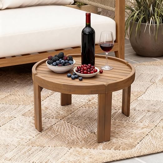 Round Acacia Wood & Rope Outdoor Coffee Table