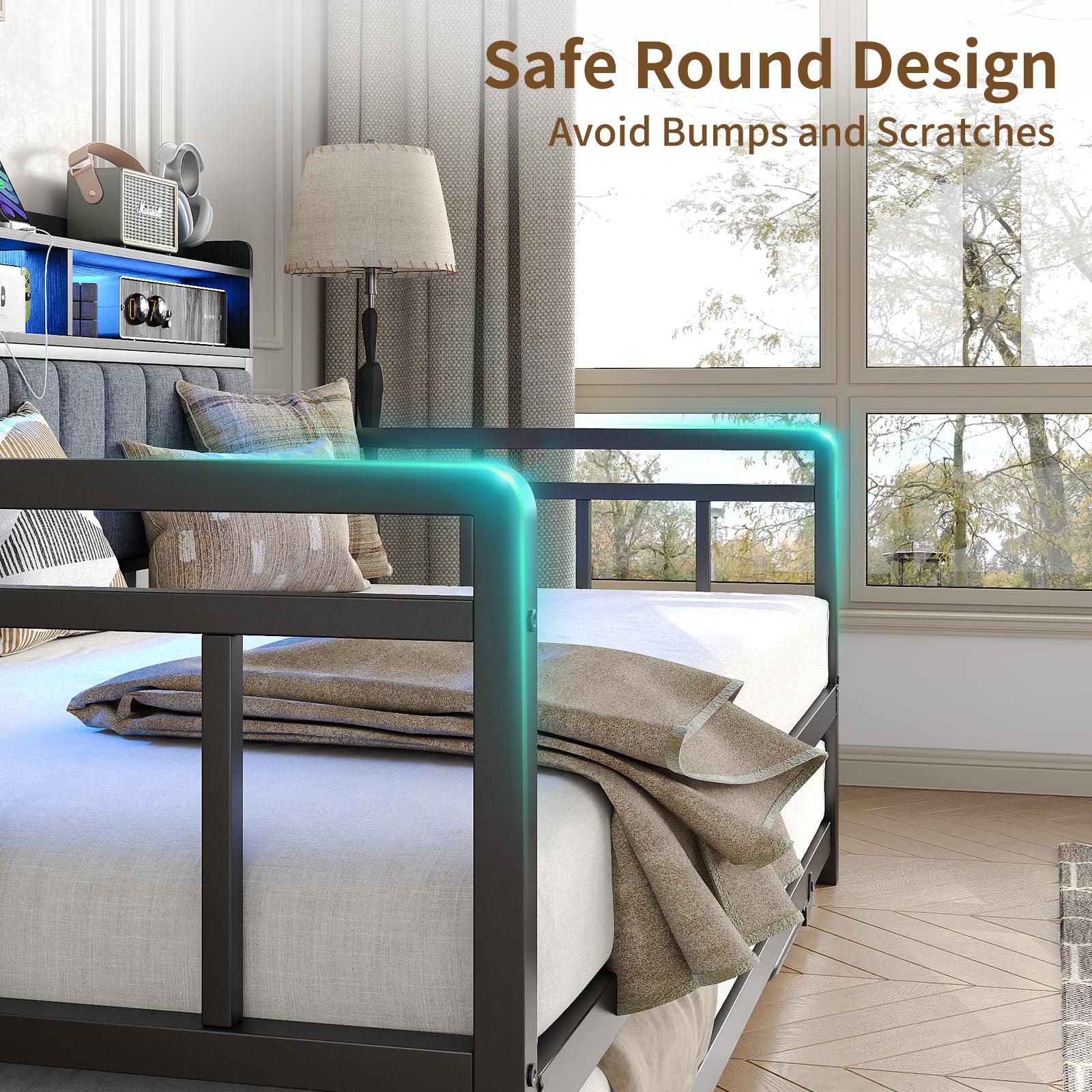 Daybed with Trundle & RGB Lights, Twin Sofa Bed Frame with Charging Station, Pull Point Day Bed with Storage Headboard, Heavy Duty Metal Trundle Bed Twin for Living Room, Bedroom, Guest Room