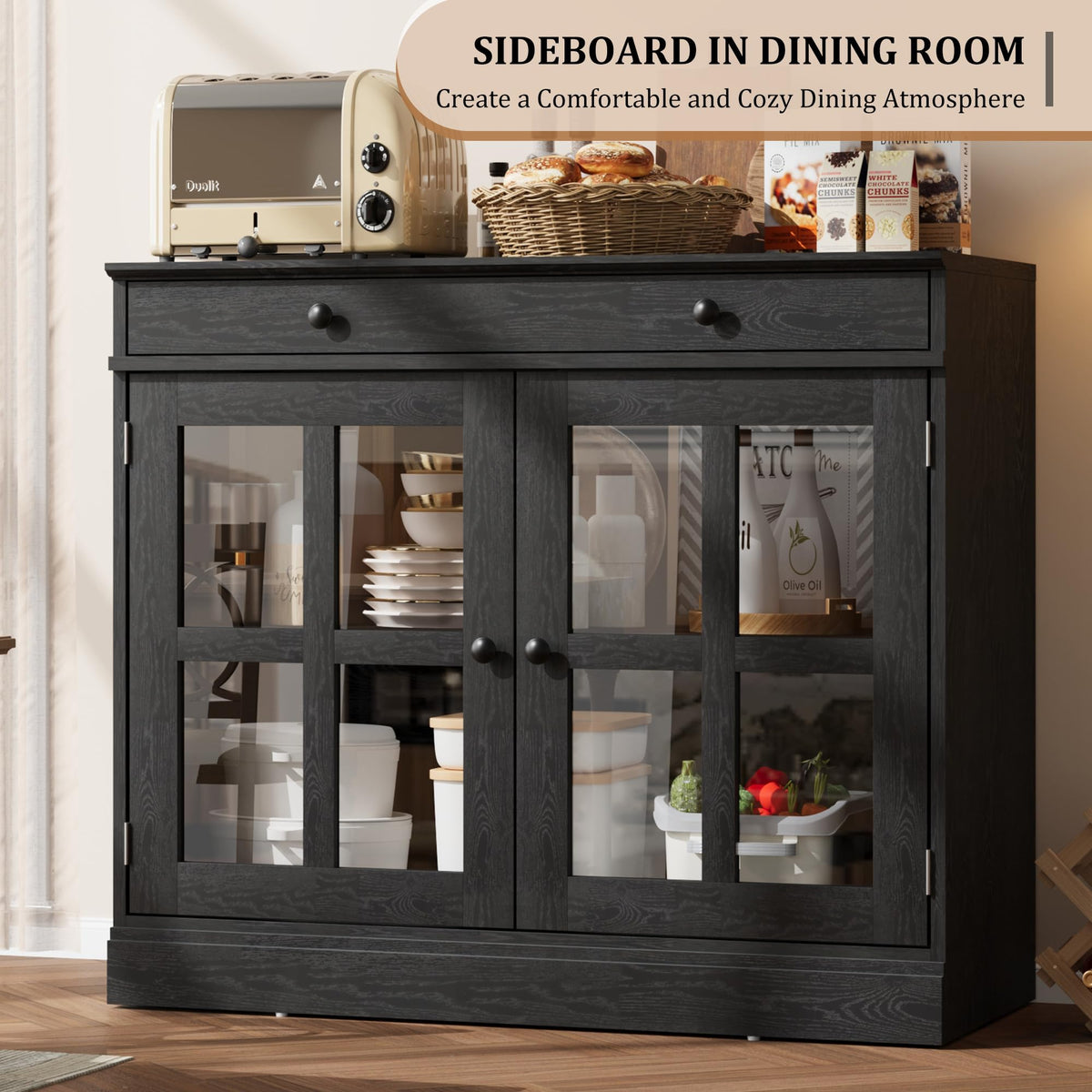 GarveeHome Modern 35.4" Sideboard Buffet Cabinet with Glass Door, Black